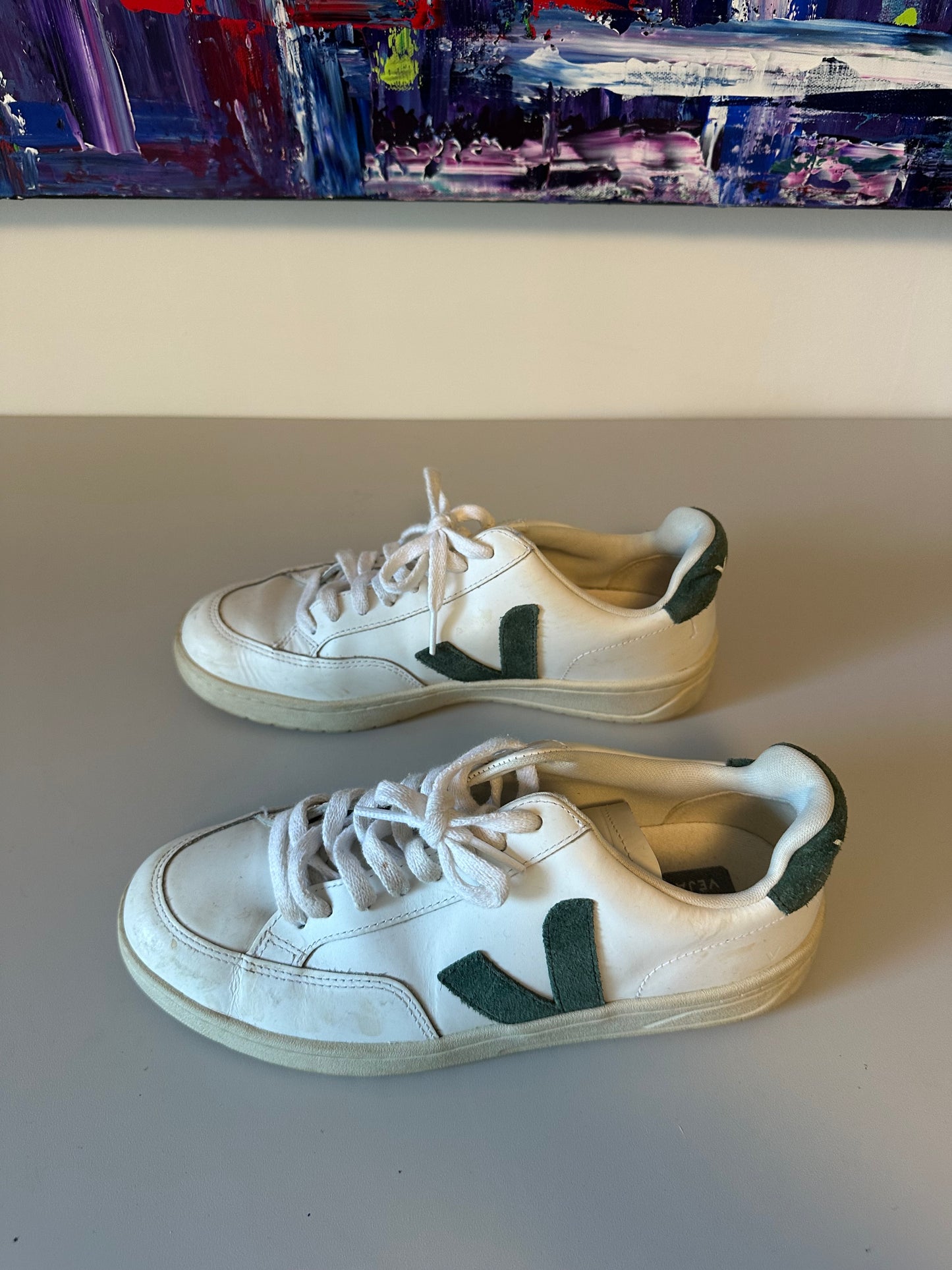 Veja V-12 Leather Sneakers in White and Dark Green | Size 8