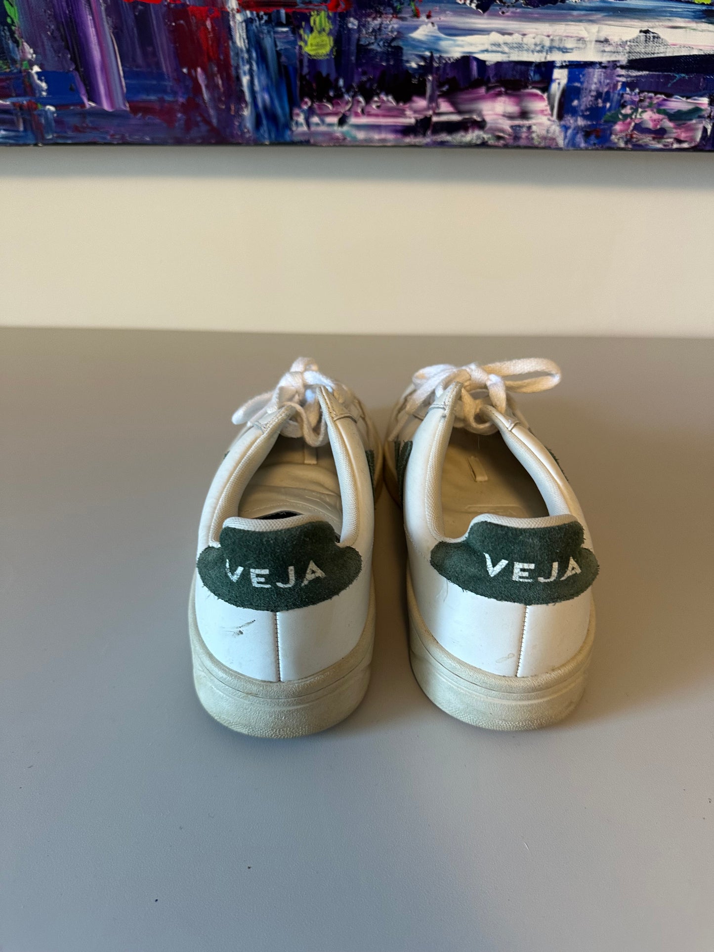 Veja V-12 Leather Sneakers in White and Dark Green | Size 8
