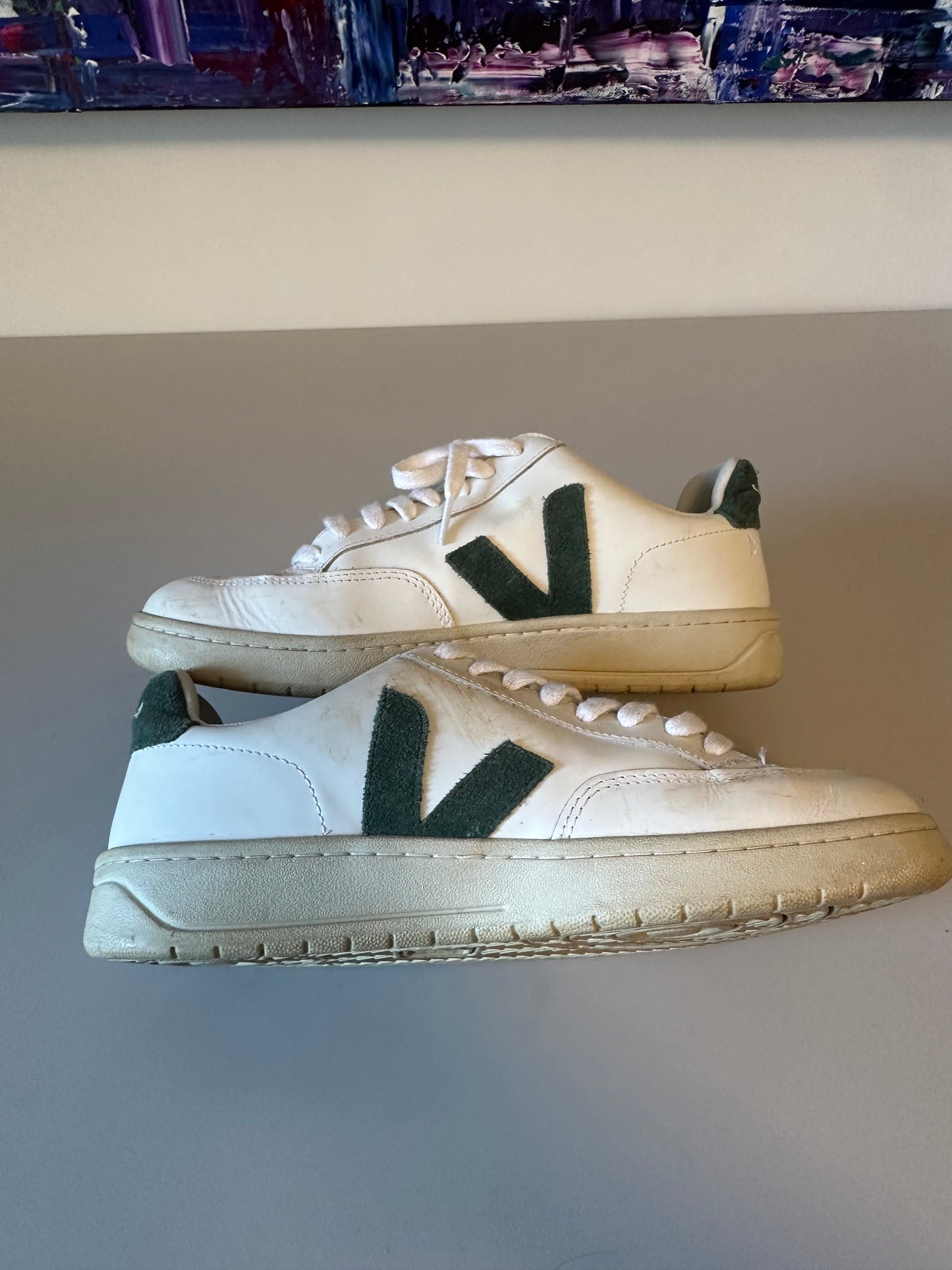 Veja V-12 Leather Sneakers in White and Dark Green | Size 8