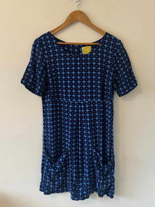 Anthropologie Maeve Short Sleeve Blue Printed Mini Dress | Size 8