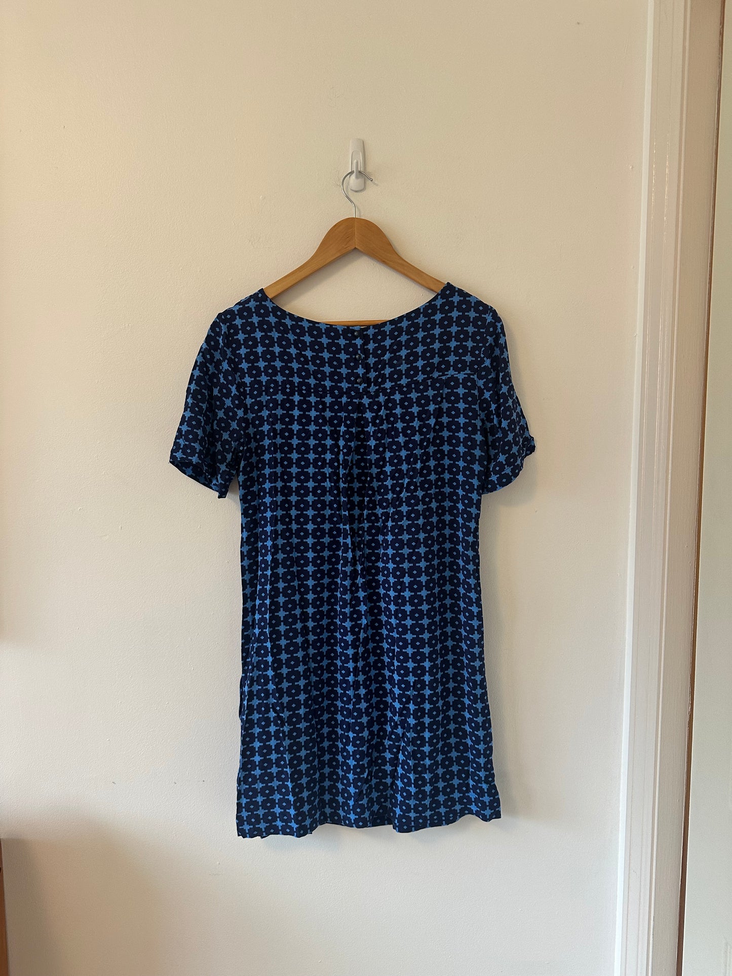 Anthropologie Maeve Short Sleeve Blue Printed Mini Dress | Size 8