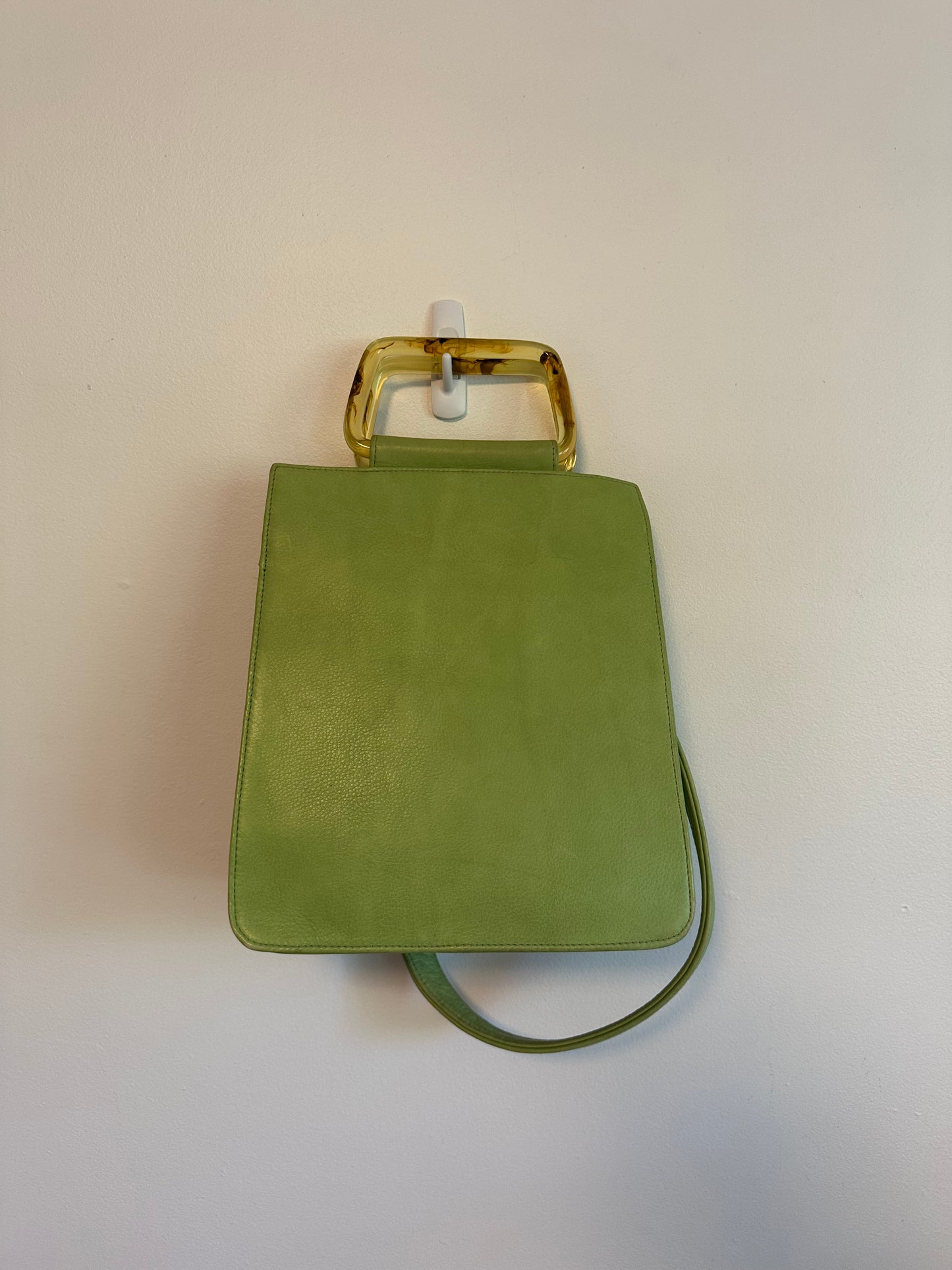 Clyde Rectangle Tortoiseshell Resin Handle Shoulder Bag in Chartreuse Leather