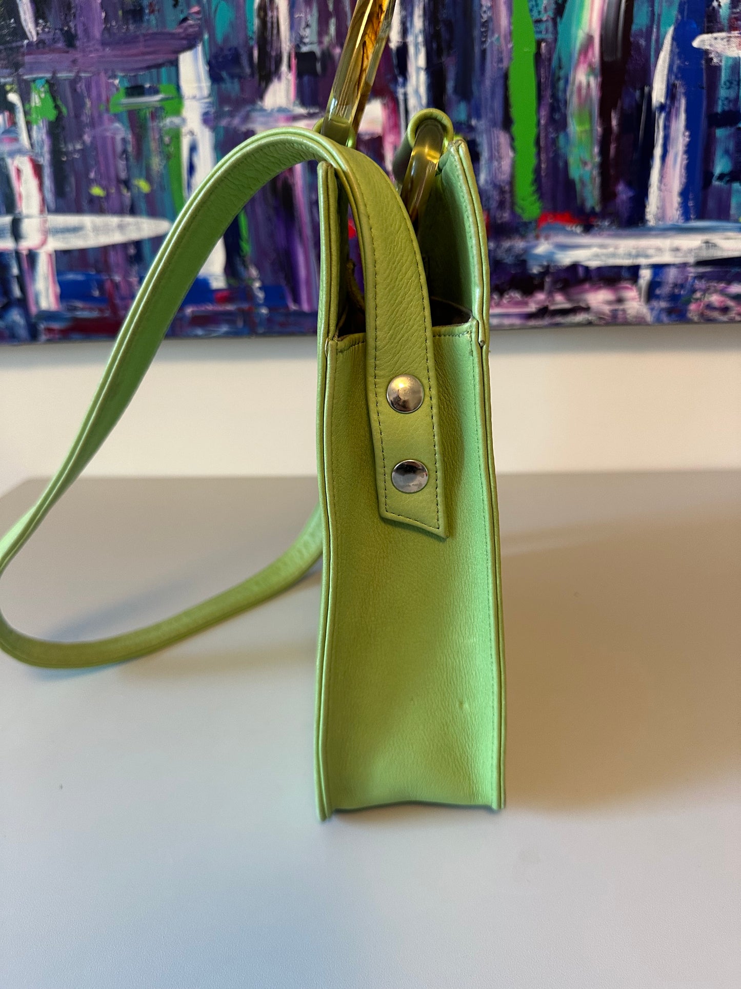Clyde Rectangle Tortoiseshell Resin Handle Shoulder Bag in Chartreuse Leather