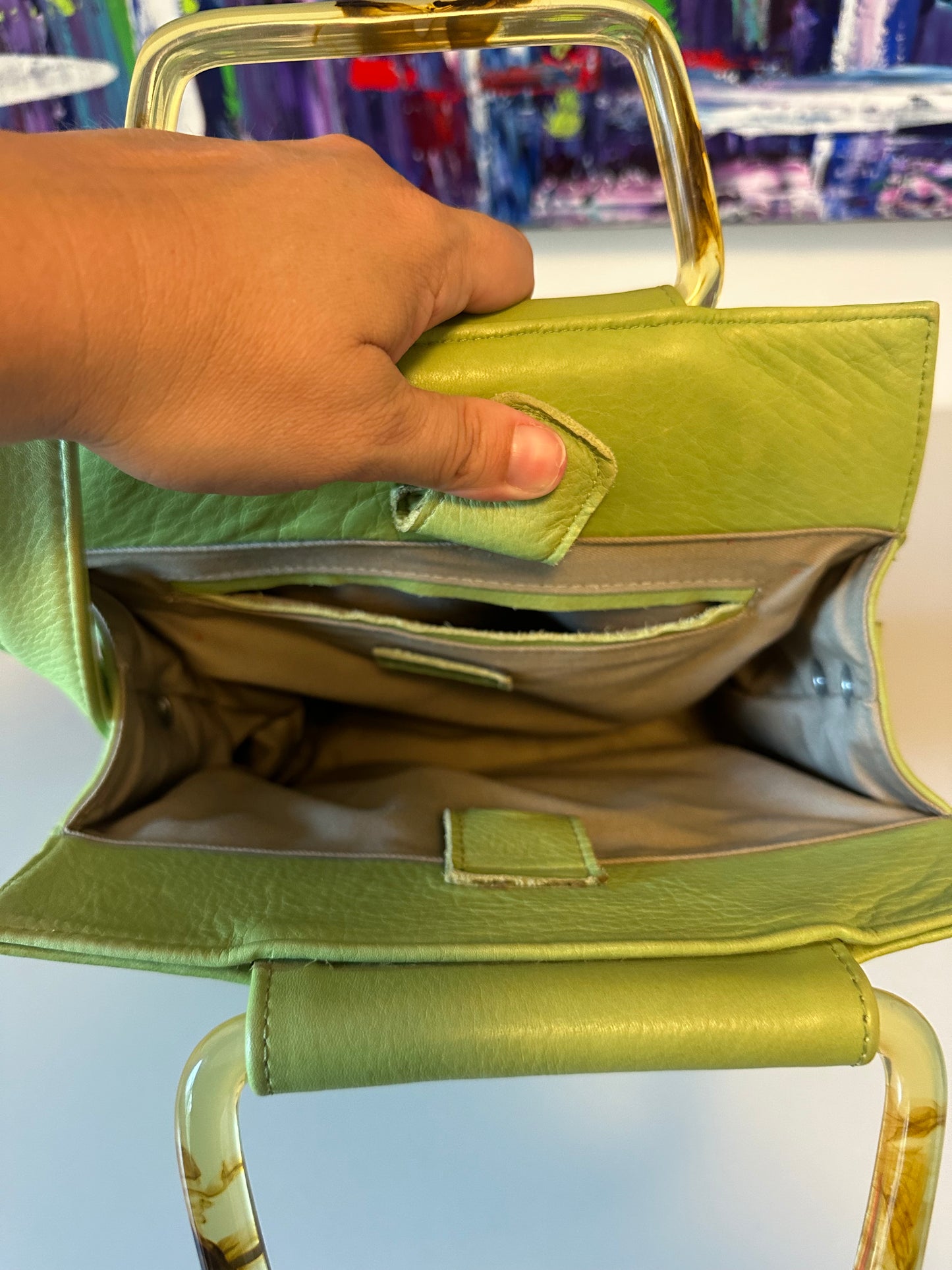Clyde Rectangle Tortoiseshell Resin Handle Shoulder Bag in Chartreuse Leather