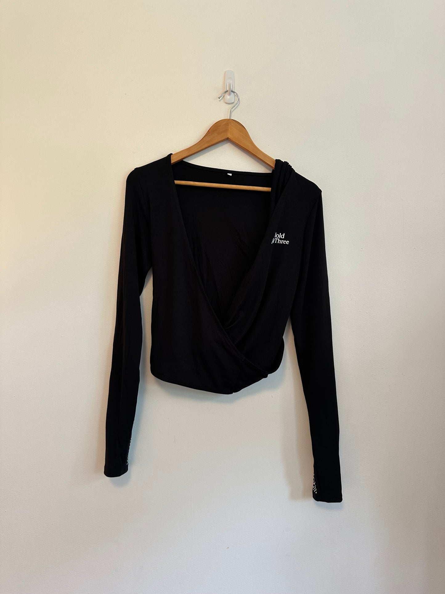 Hold for Three Black Wrap Long Sleeve Cropped Top Thumbholes | Size XL