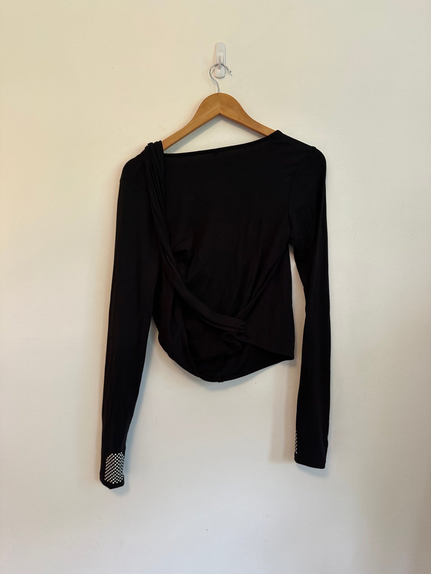 Hold for Three Black Wrap Long Sleeve Cropped Top Thumbholes | Size XL
