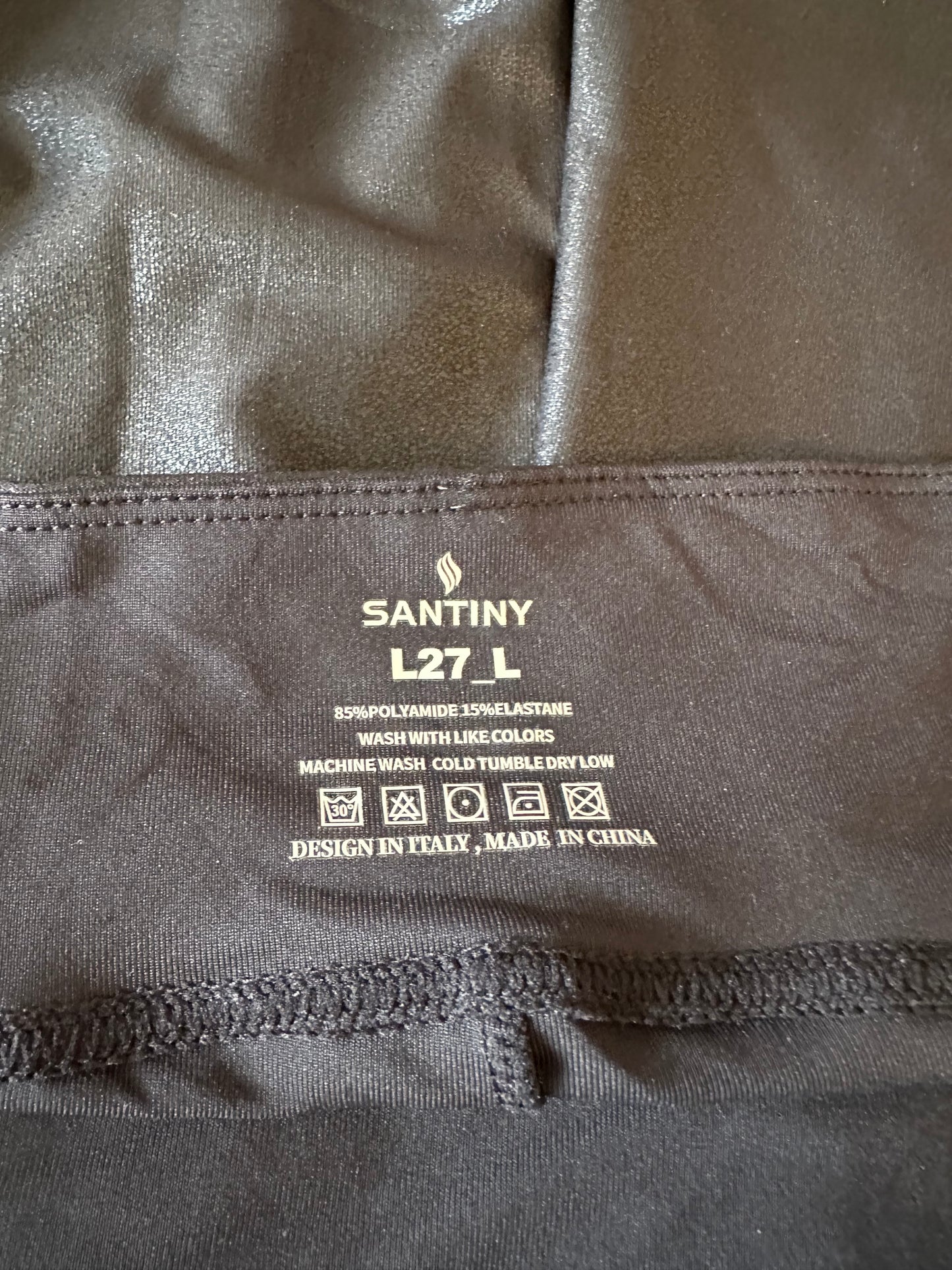 Santiny Black Faux Leather Shimmer High Waisted Leggings | Size Large