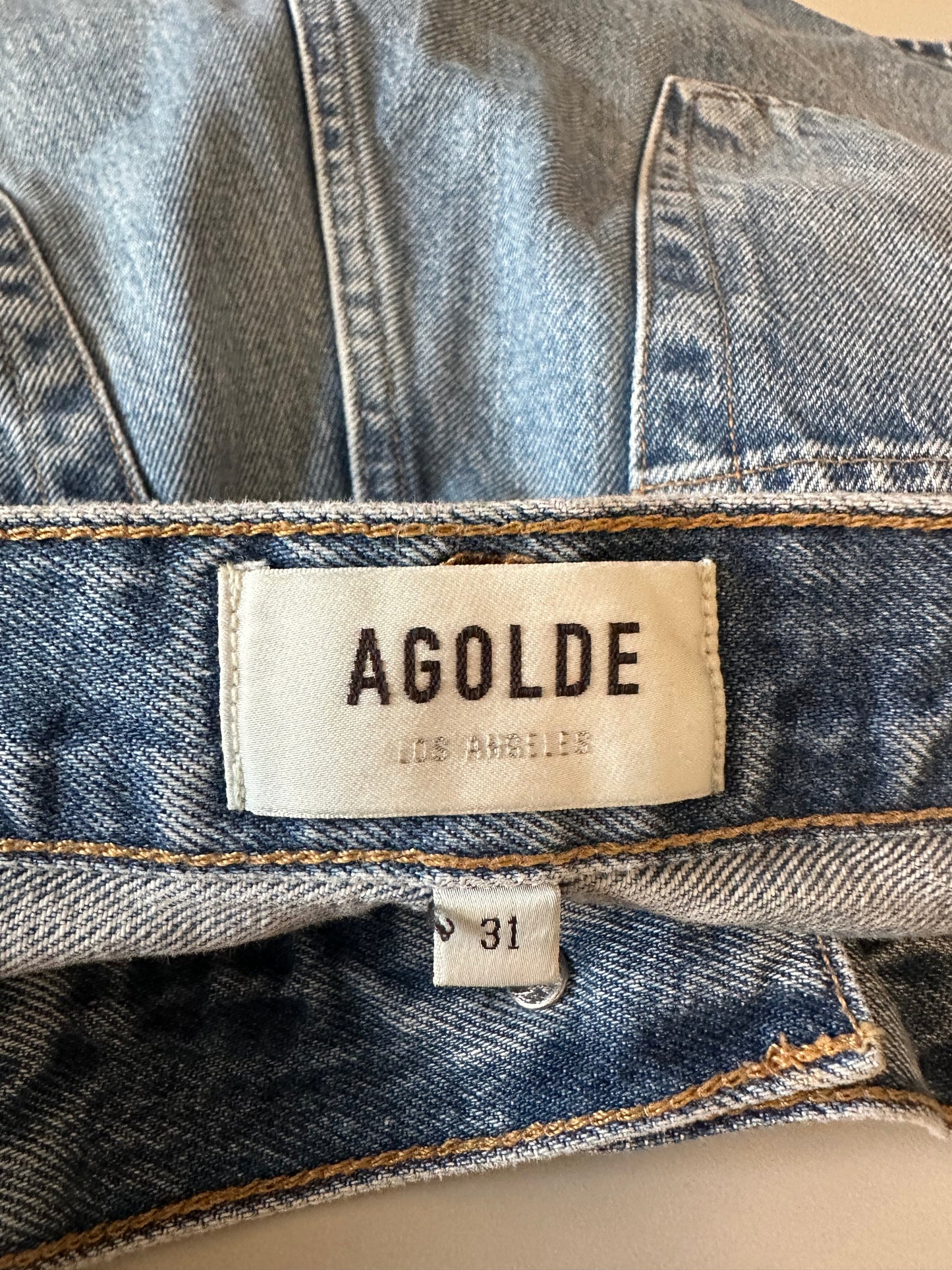 Agolde Parker Long High Rise Denim Shorts in Medium Wash Blue | Size 31