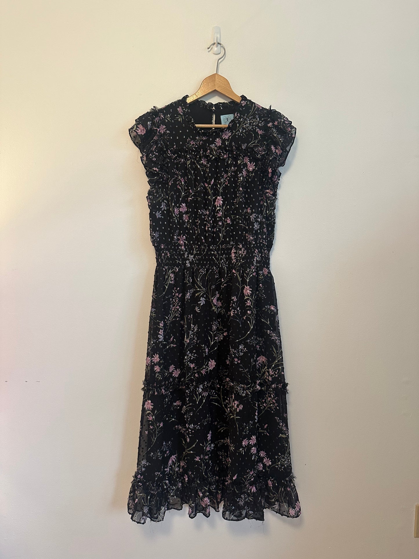 CeCe Black FloralSmocked Waist Ruffle Midi Dress | Size Large