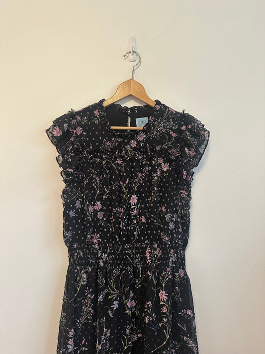 CeCe Black FloralSmocked Waist Ruffle Midi Dress | Size Large