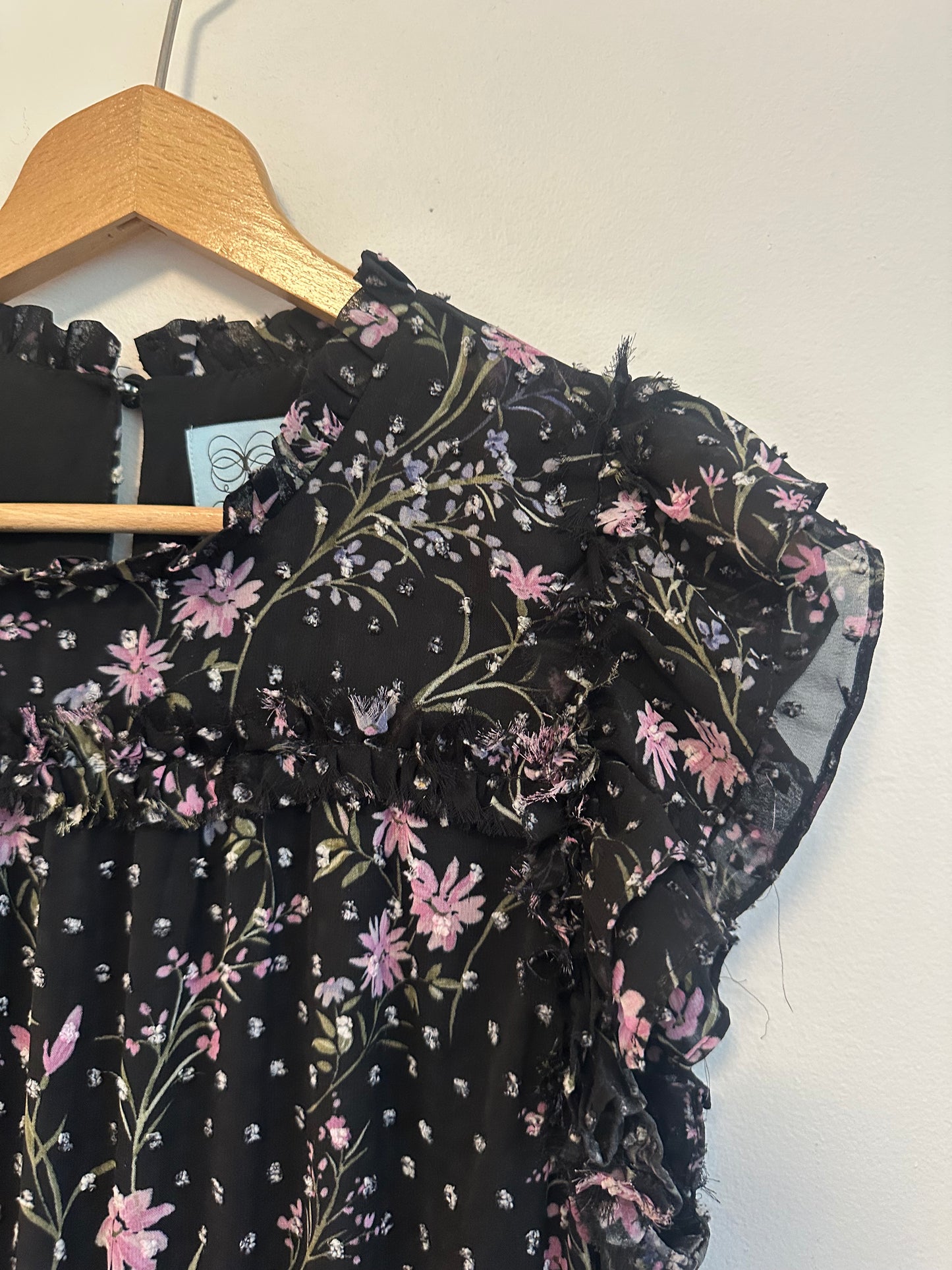 CeCe Black FloralSmocked Waist Ruffle Midi Dress | Size Large