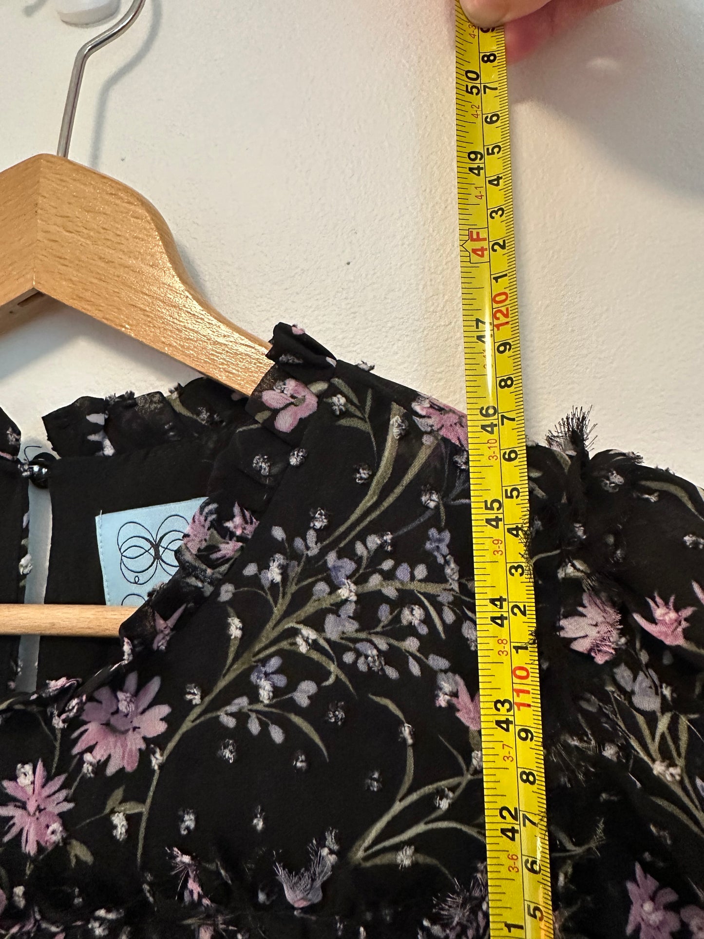 CeCe Black FloralSmocked Waist Ruffle Midi Dress | Size Large