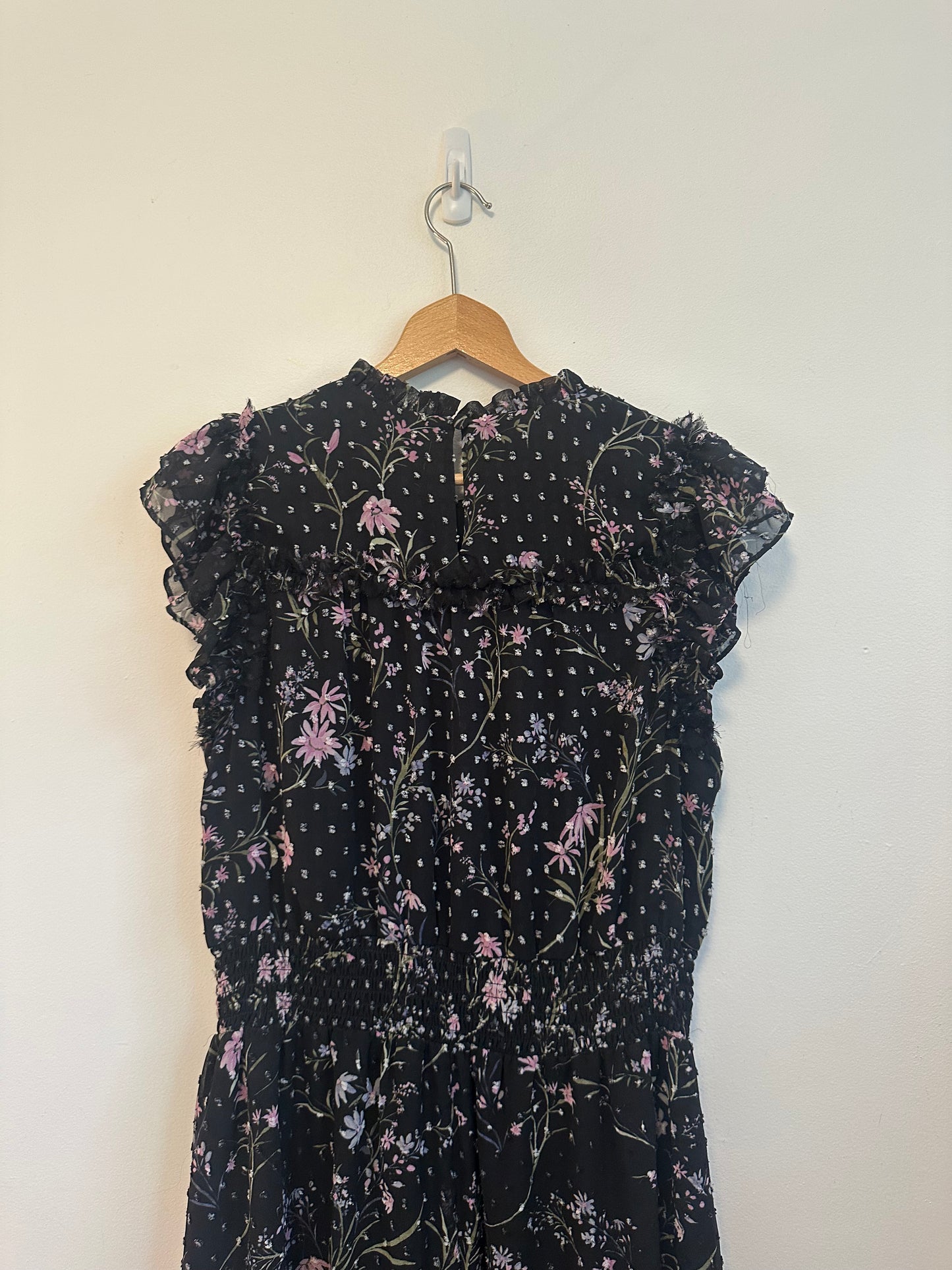 CeCe Black FloralSmocked Waist Ruffle Midi Dress | Size Large