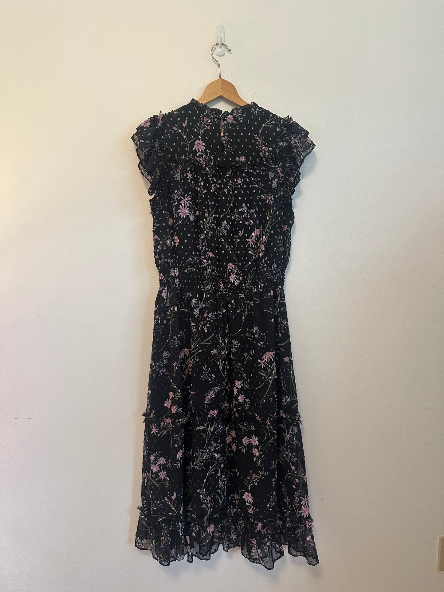 CeCe Black FloralSmocked Waist Ruffle Midi Dress | Size Large