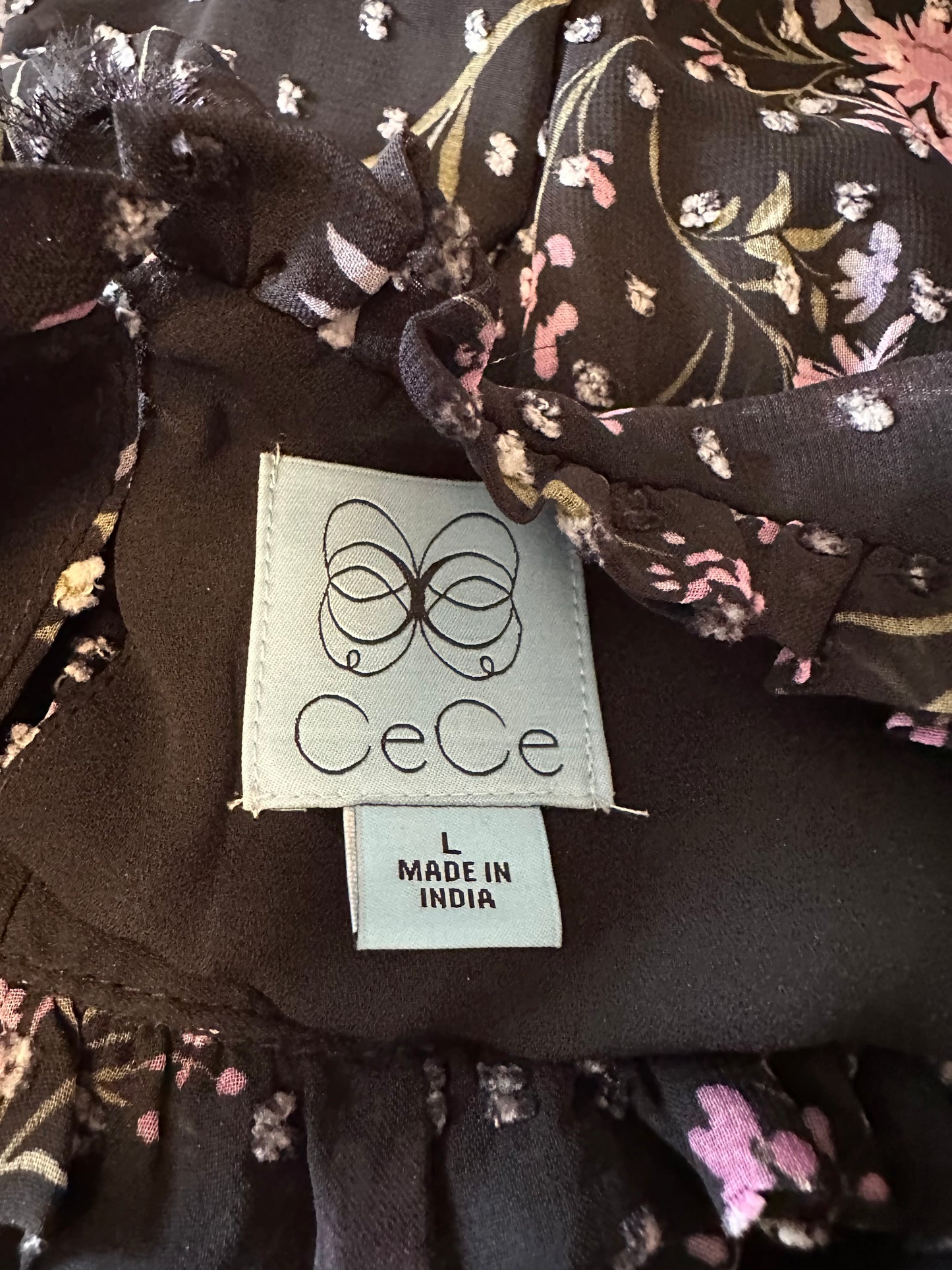 CeCe Black FloralSmocked Waist Ruffle Midi Dress | Size Large