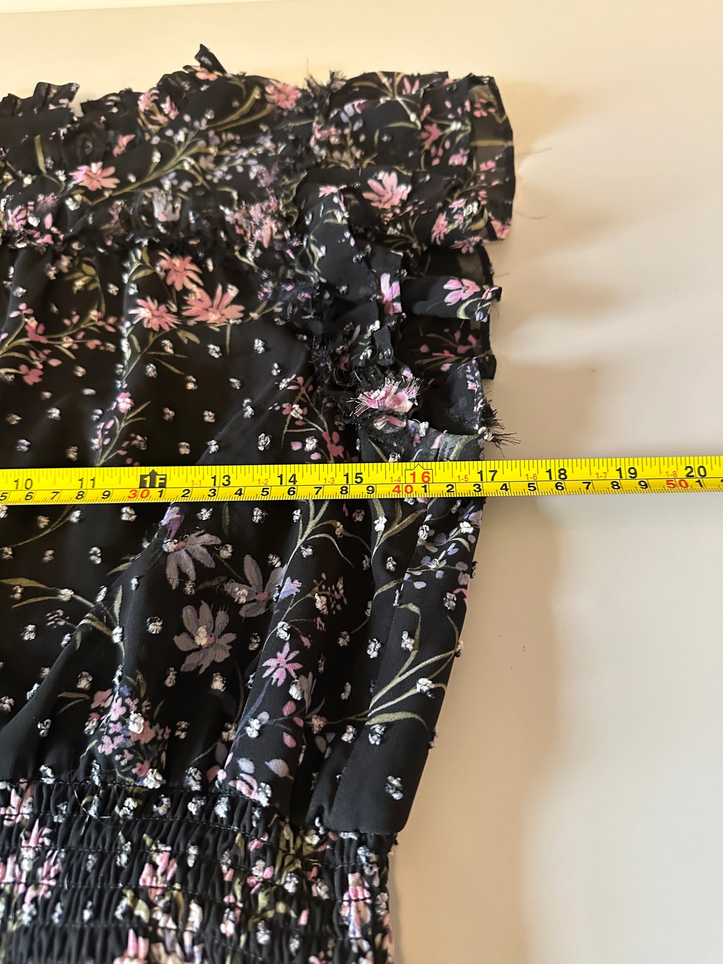 CeCe Black FloralSmocked Waist Ruffle Midi Dress | Size Large