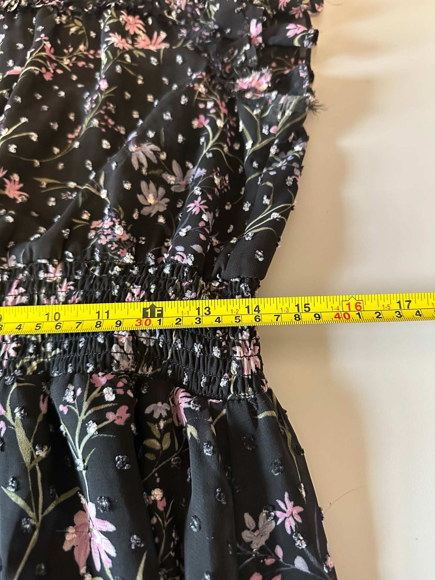 CeCe Black FloralSmocked Waist Ruffle Midi Dress | Size Large