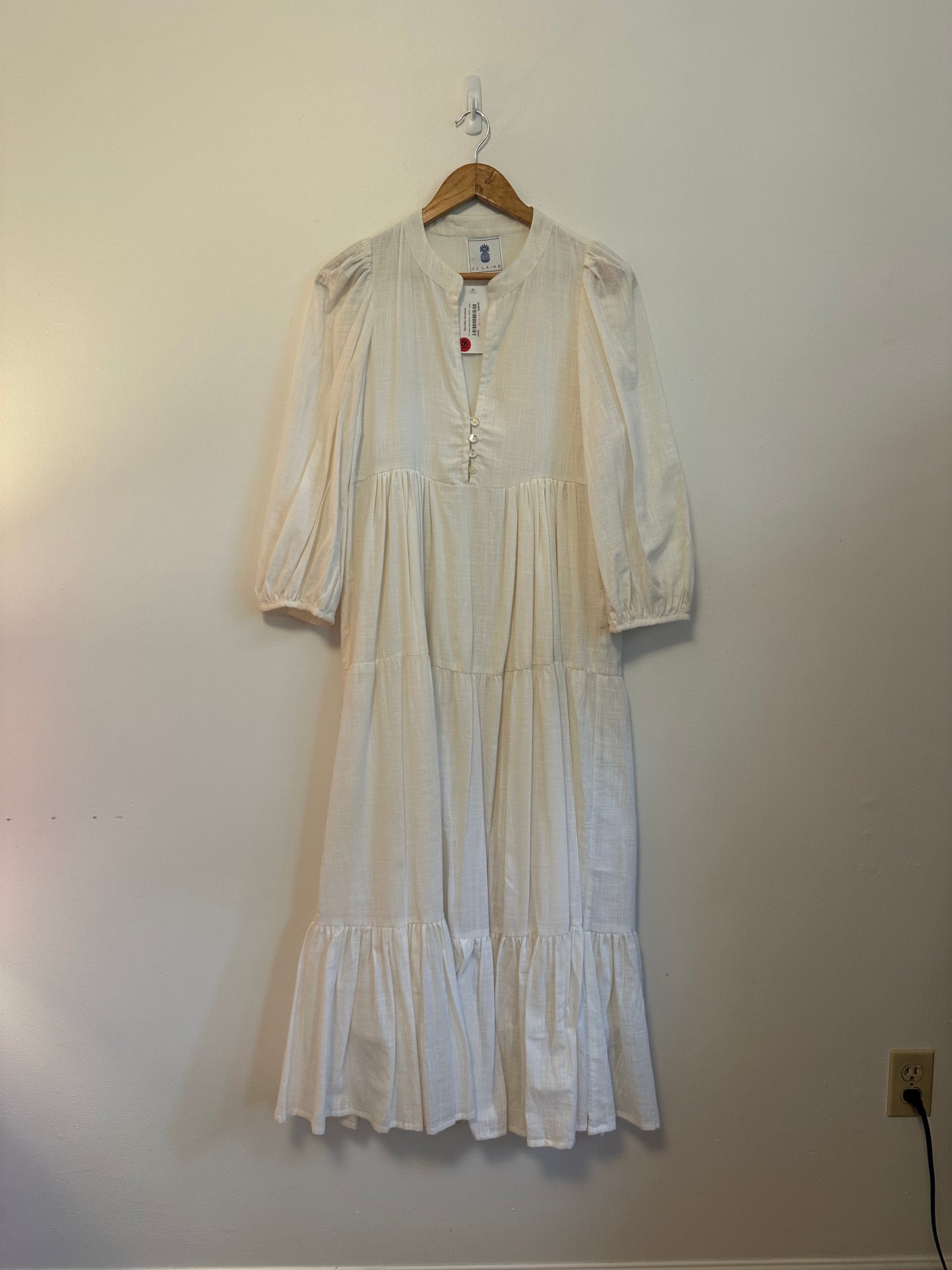 NWT CJ Laing Ingrid Tiered Cotton Maxi Dress in Bone White | Size Large