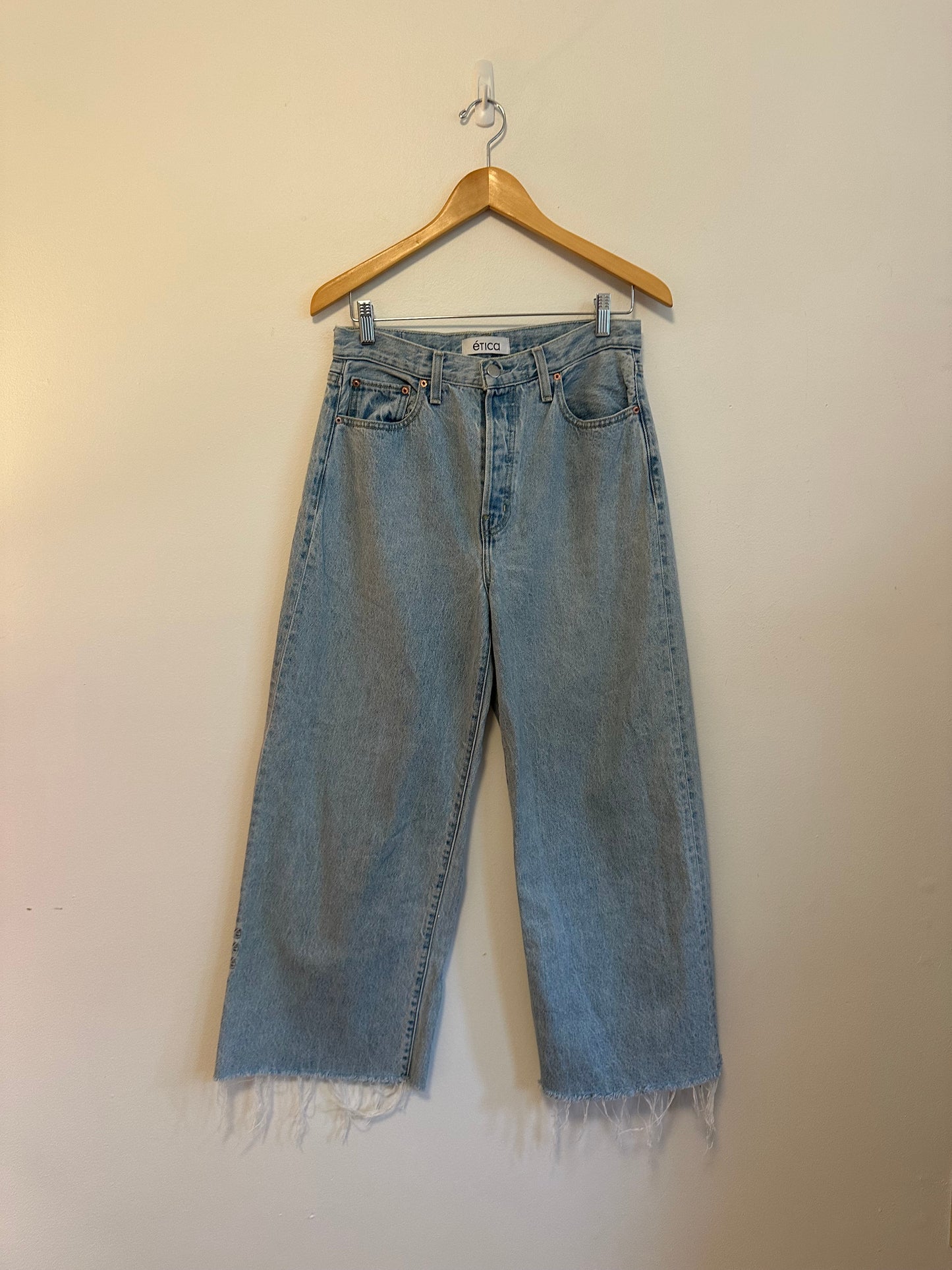Etica Light Wash High Rise Wide Leg Raw Hem Jeans | Size 28