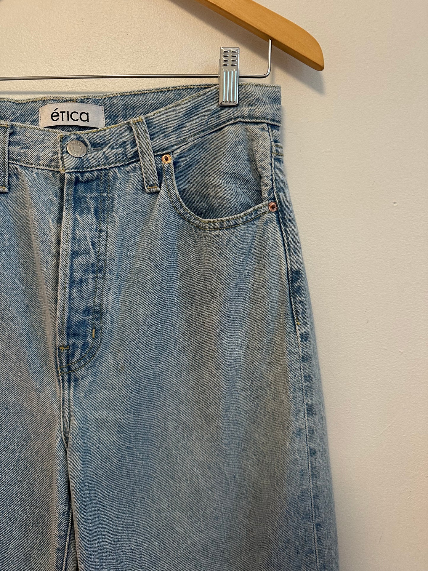 Etica Light Wash High Rise Wide Leg Raw Hem Jeans | Size 28
