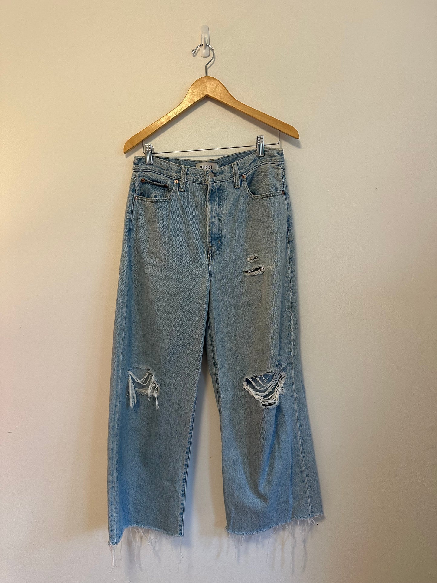 Etica High Rise Wide Leg Distressed Raw Hem Jeans in Light Wash Blue | Size 28
