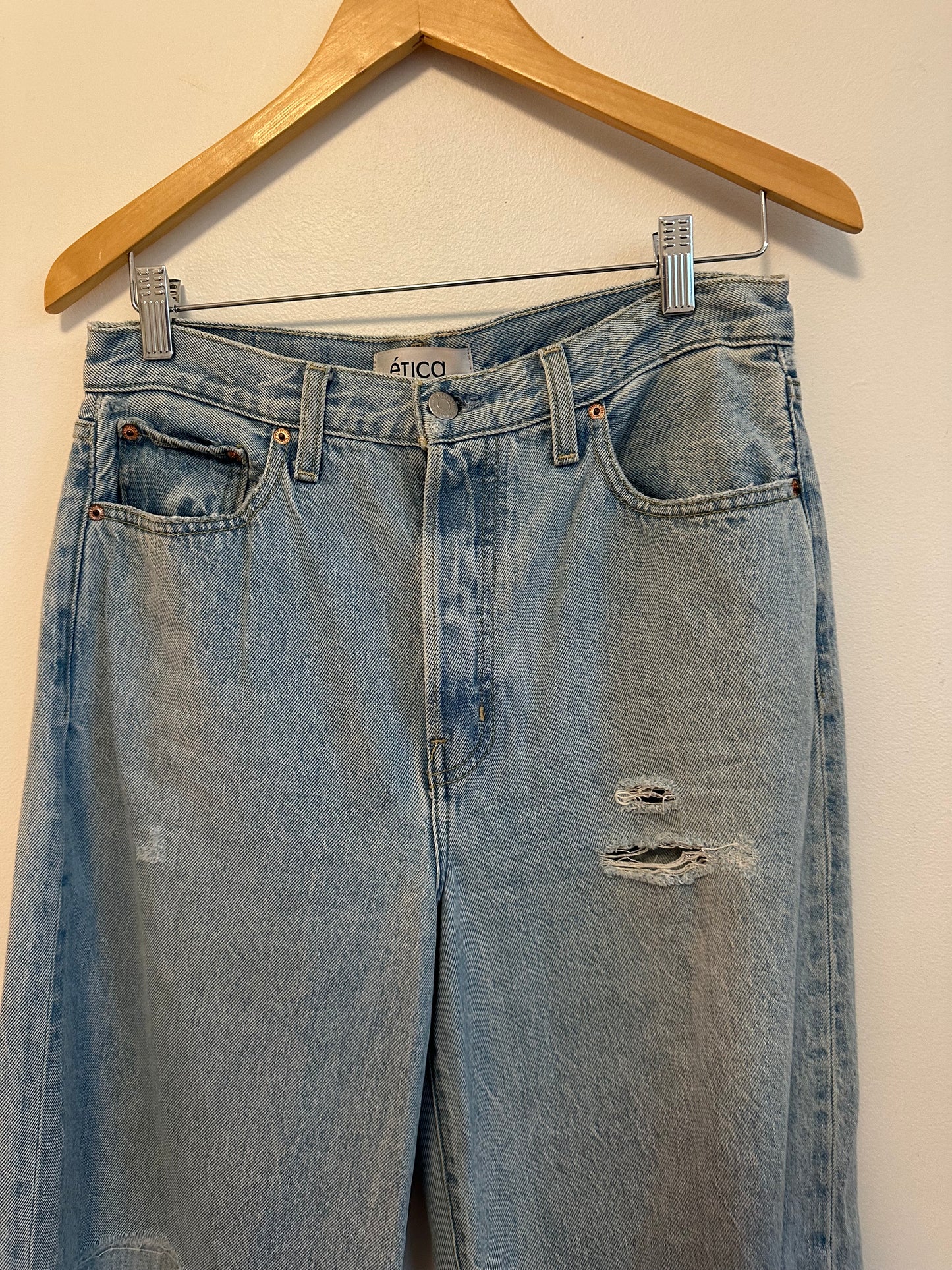 Etica High Rise Wide Leg Distressed Raw Hem Jeans in Light Wash Blue | Size 28