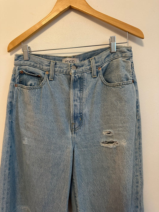 Etica High Rise Wide Leg Distressed Raw Hem Jeans in Light Wash Blue | Size 28