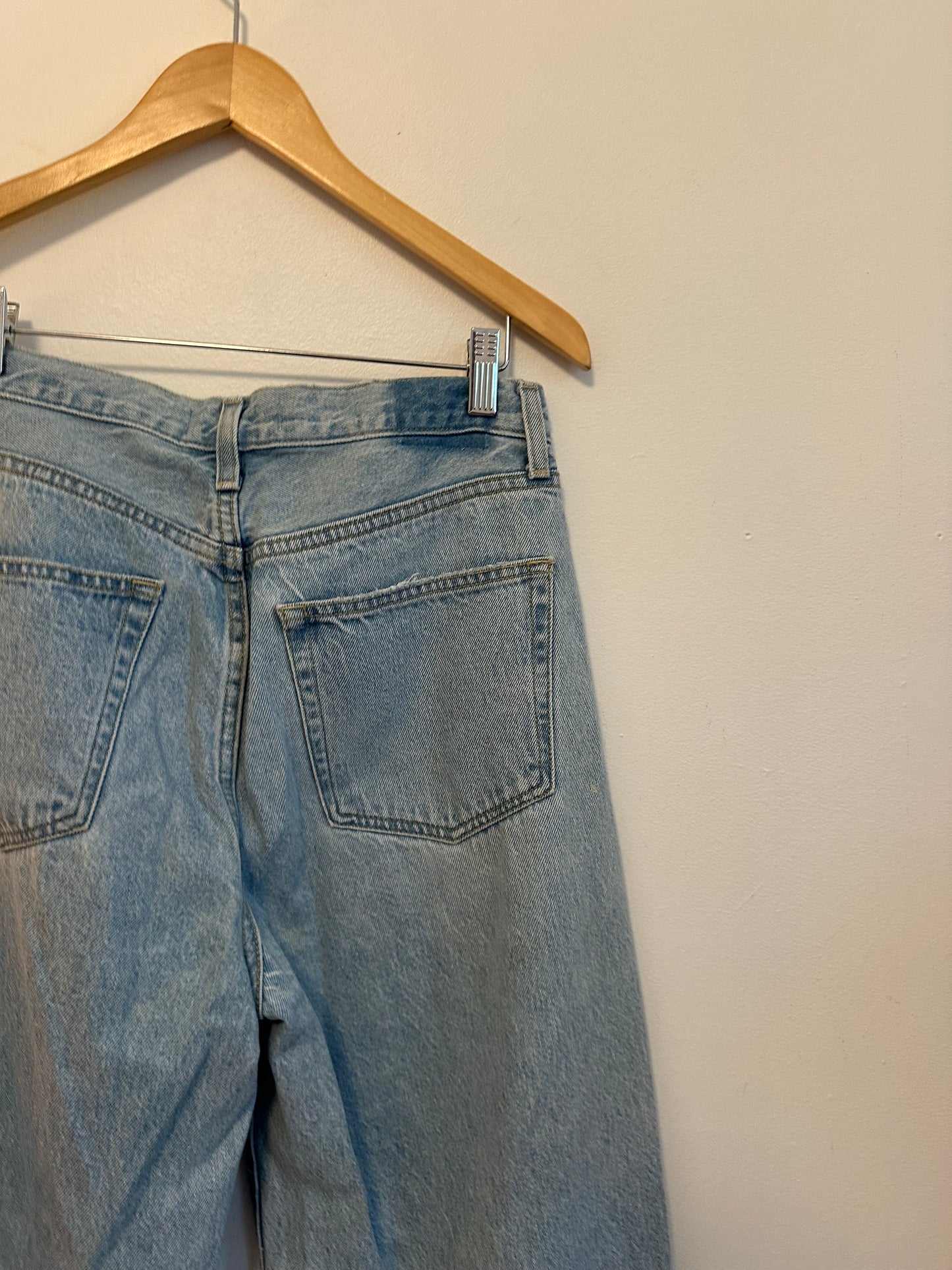 Etica High Rise Wide Leg Distressed Raw Hem Jeans in Light Wash Blue | Size 28