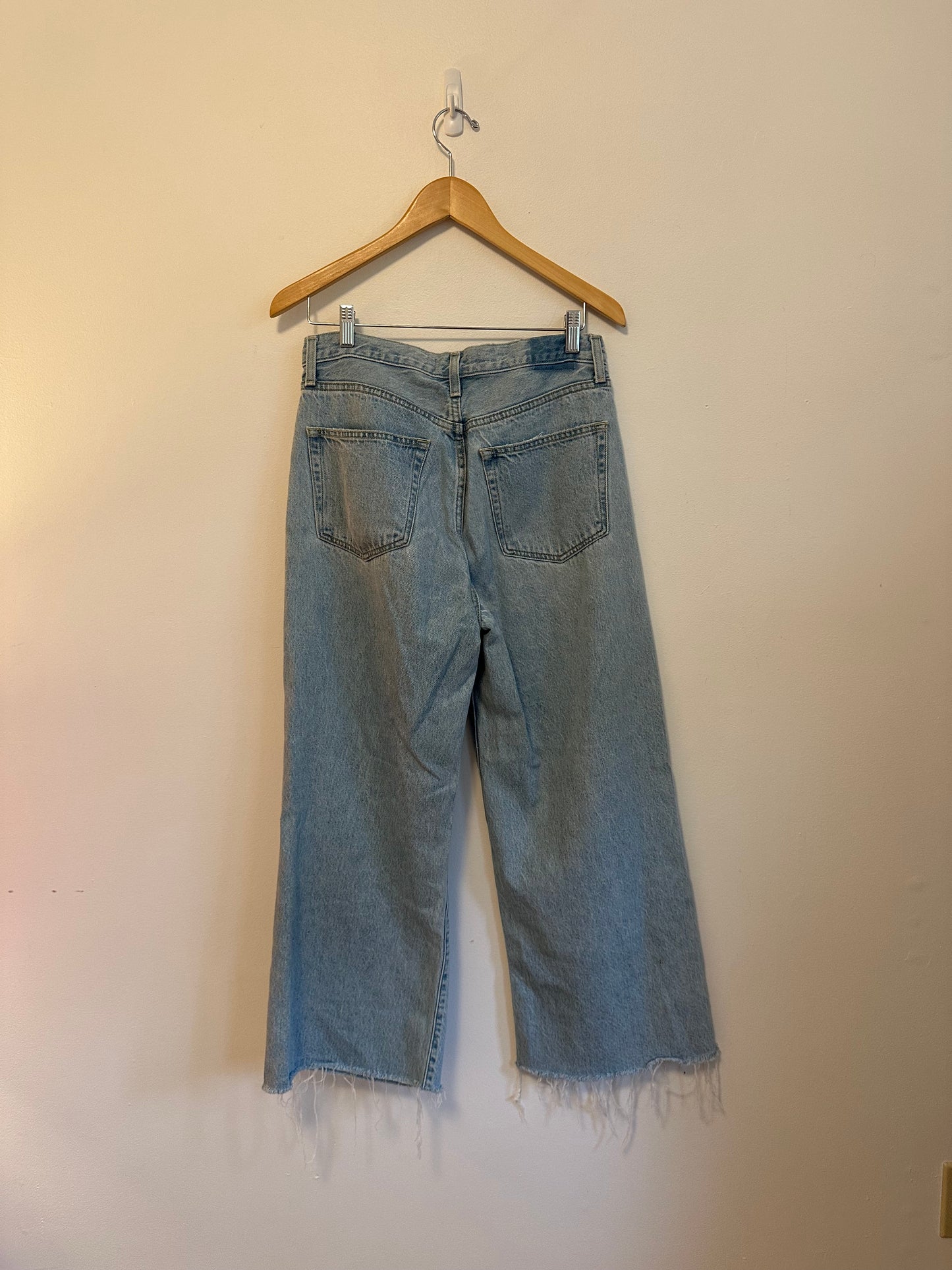 Etica High Rise Wide Leg Distressed Raw Hem Jeans in Light Wash Blue | Size 28