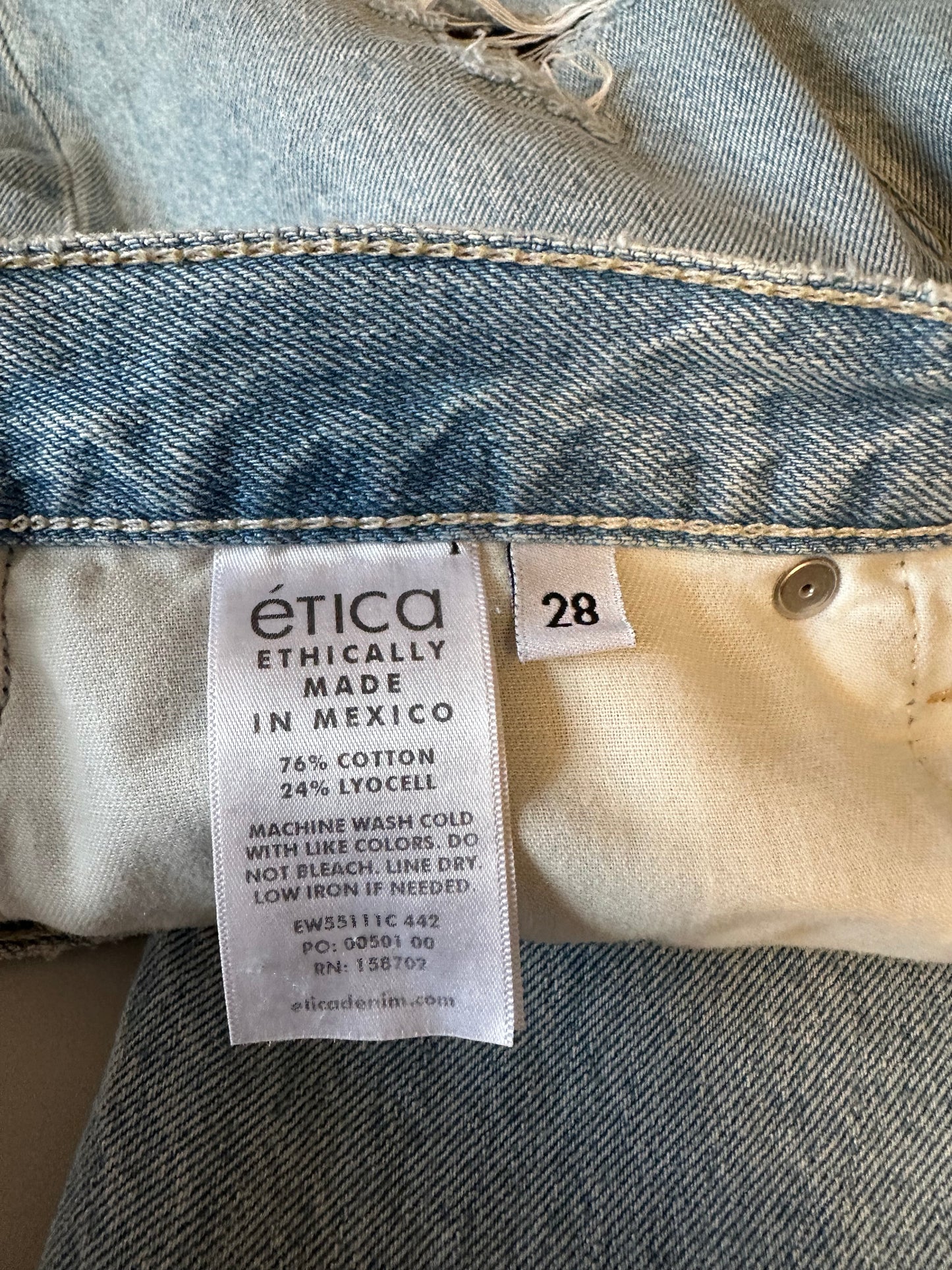 Etica High Rise Wide Leg Distressed Raw Hem Jeans in Light Wash Blue | Size 28