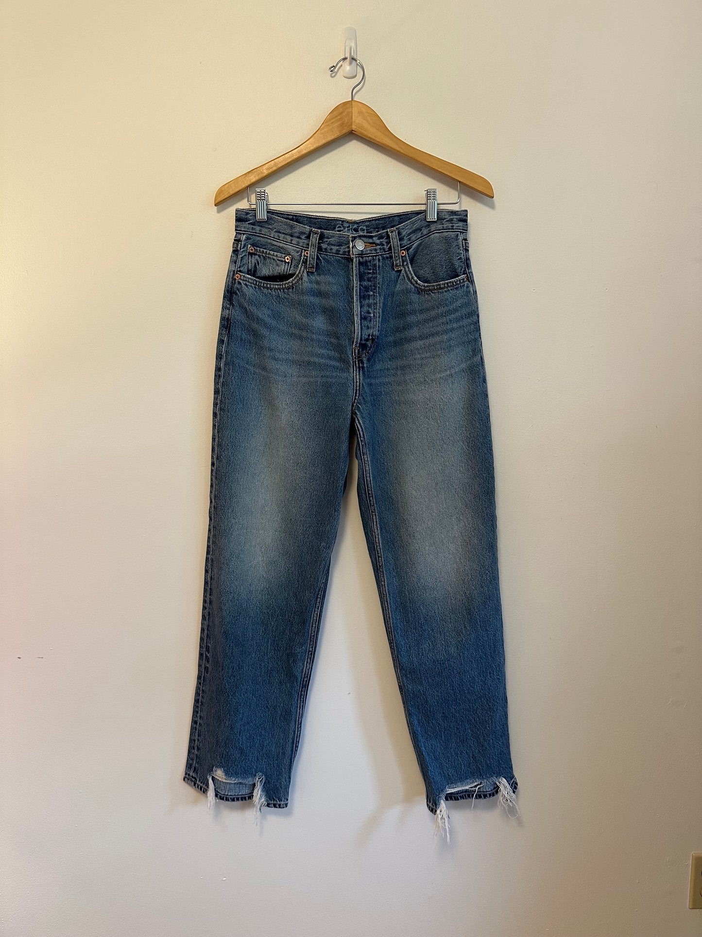 Etica High Rise Straight Leg Jeans Medium Wash Raw Hem Jeans | Size 28