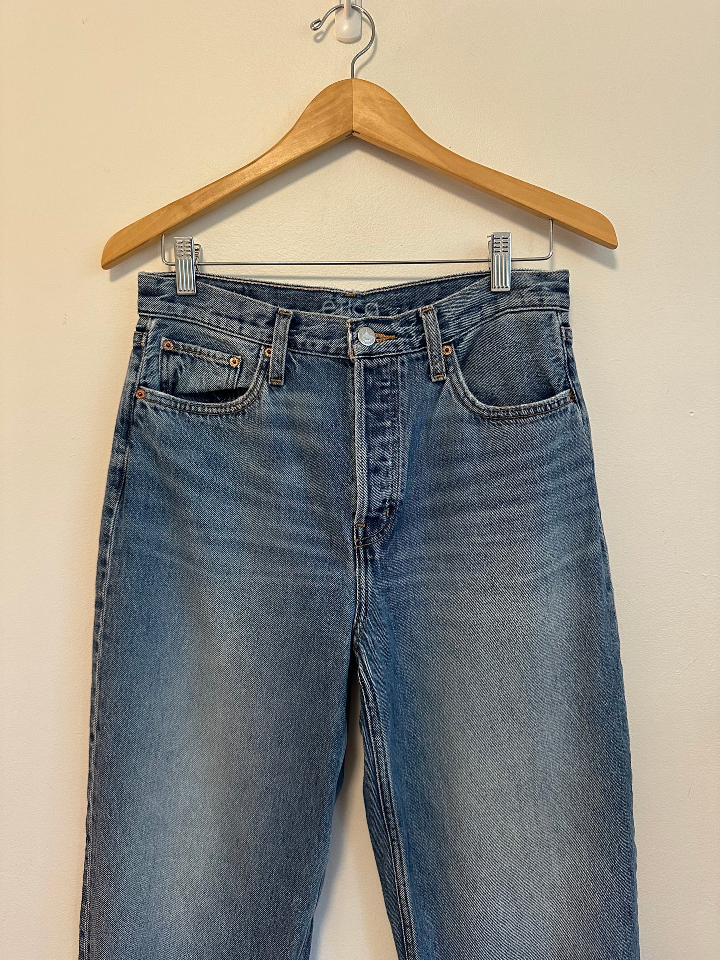 Etica High Rise Straight Leg Jeans Medium Wash Raw Hem Jeans | Size 28