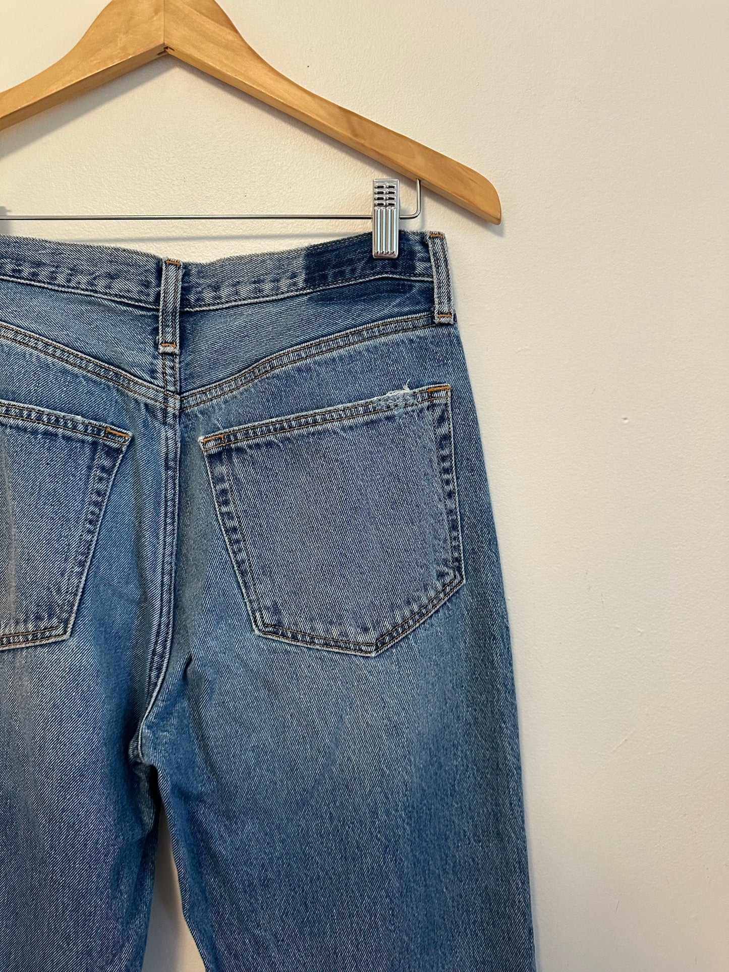 Etica High Rise Straight Leg Jeans Medium Wash Raw Hem Jeans | Size 28