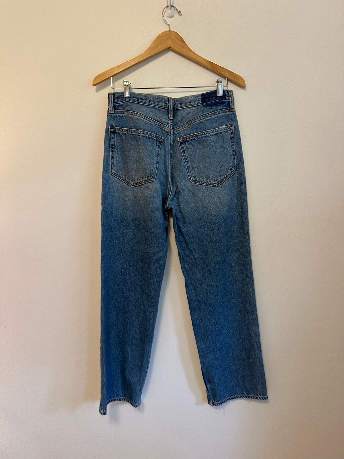 Etica High Rise Straight Leg Jeans Medium Wash Raw Hem Jeans | Size 28
