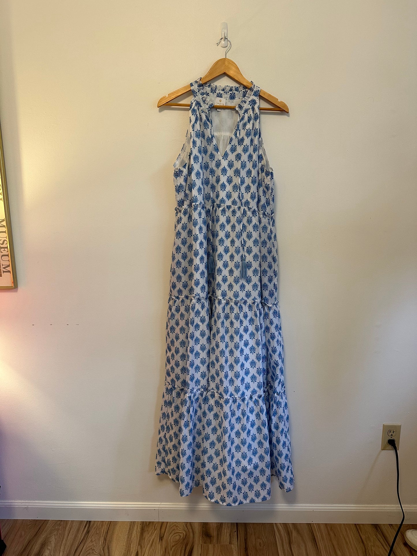 J.Marie Blue and White Block Print Tiered Ruffle Neck Maxi Dress | Size Large