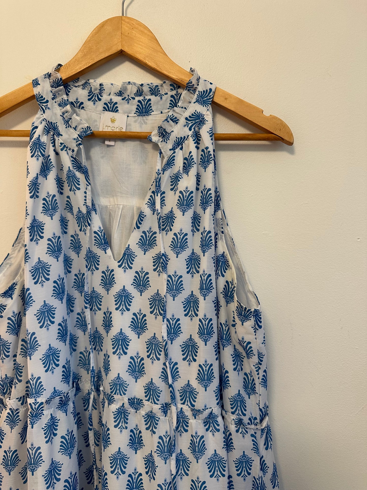 J.Marie Blue and White Block Print Tiered Ruffle Neck Maxi Dress | Size Large