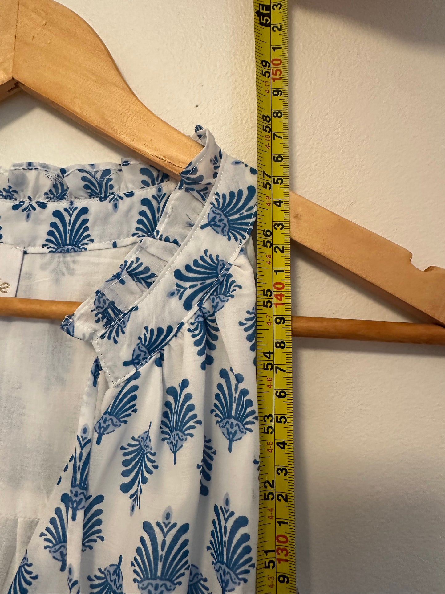 J.Marie Blue and White Block Print Tiered Ruffle Neck Maxi Dress | Size Large