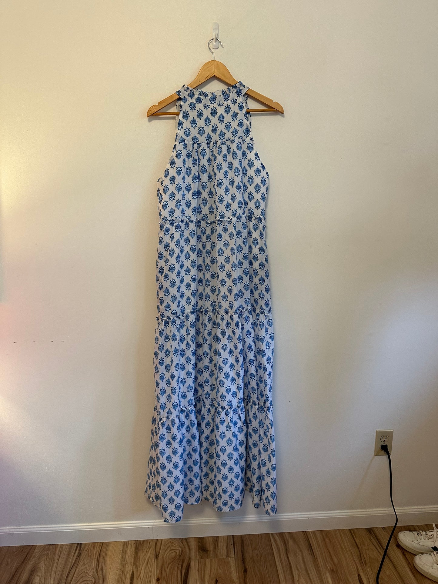 J.Marie Blue and White Block Print Tiered Ruffle Neck Maxi Dress | Size Large