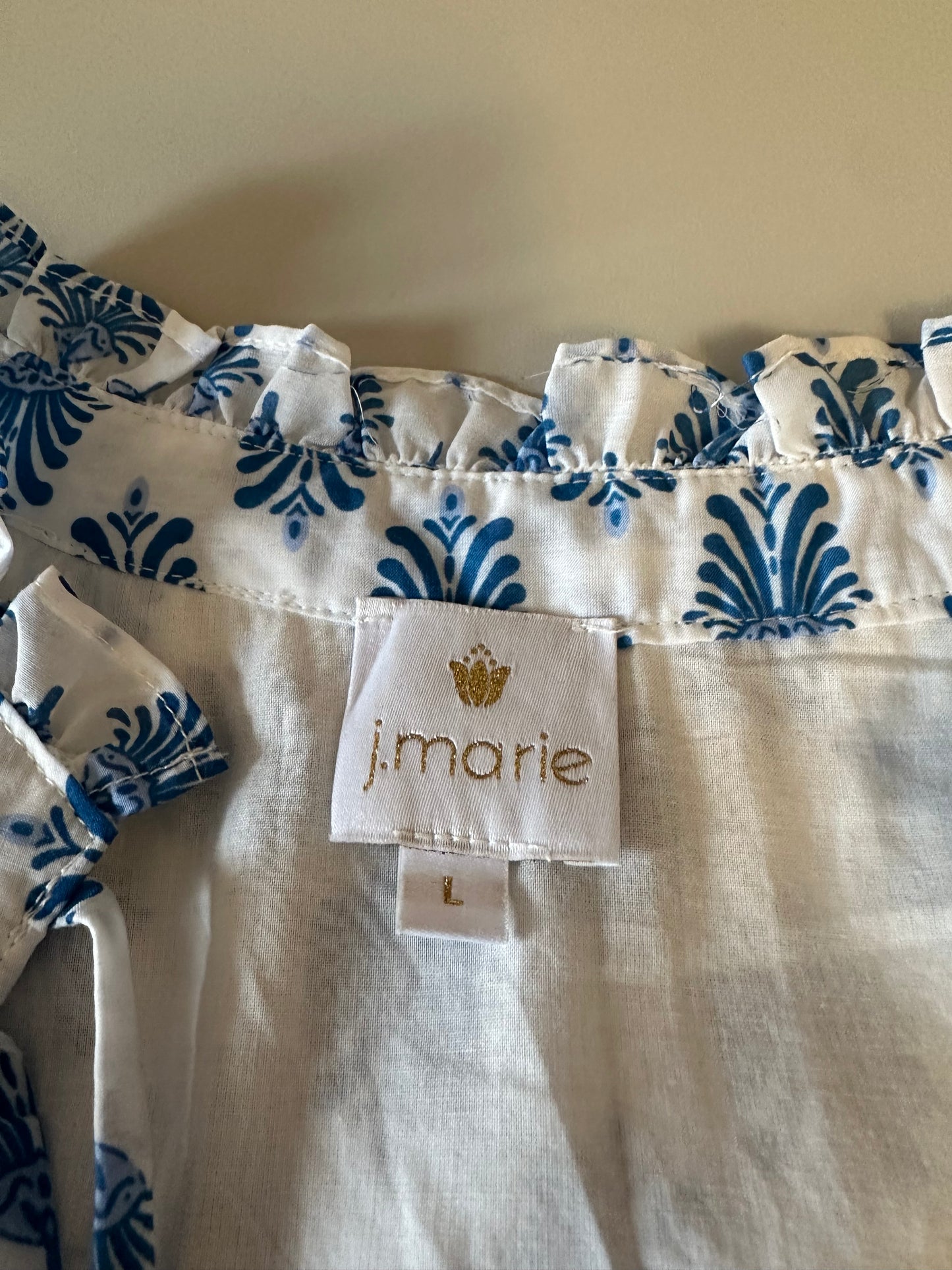 J.Marie Blue and White Block Print Tiered Ruffle Neck Maxi Dress | Size Large