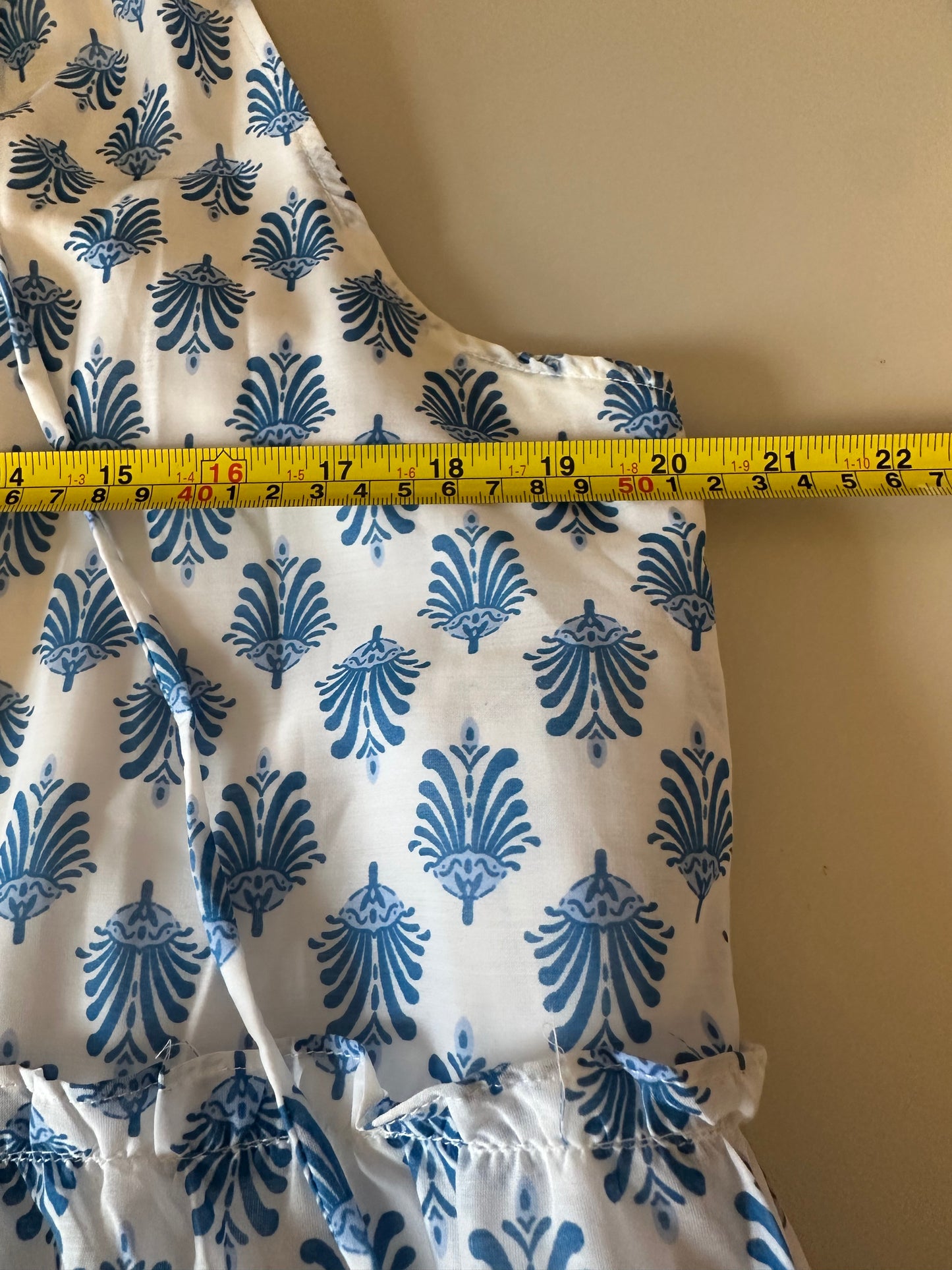 J.Marie Blue and White Block Print Tiered Ruffle Neck Maxi Dress | Size Large