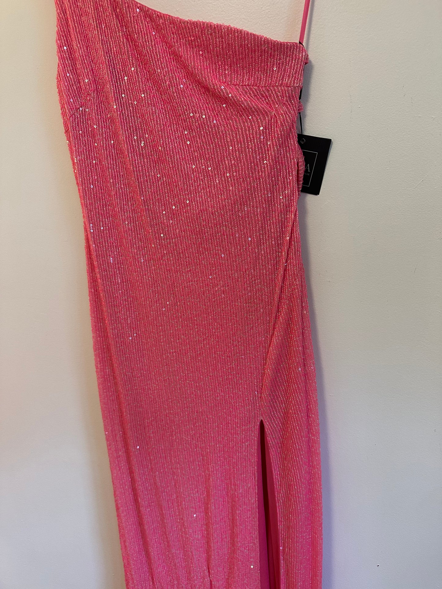 NWT IEENA for Mac Duggal Pink One Shoulder Sequin Gown Slit Cowl Back | Size 8