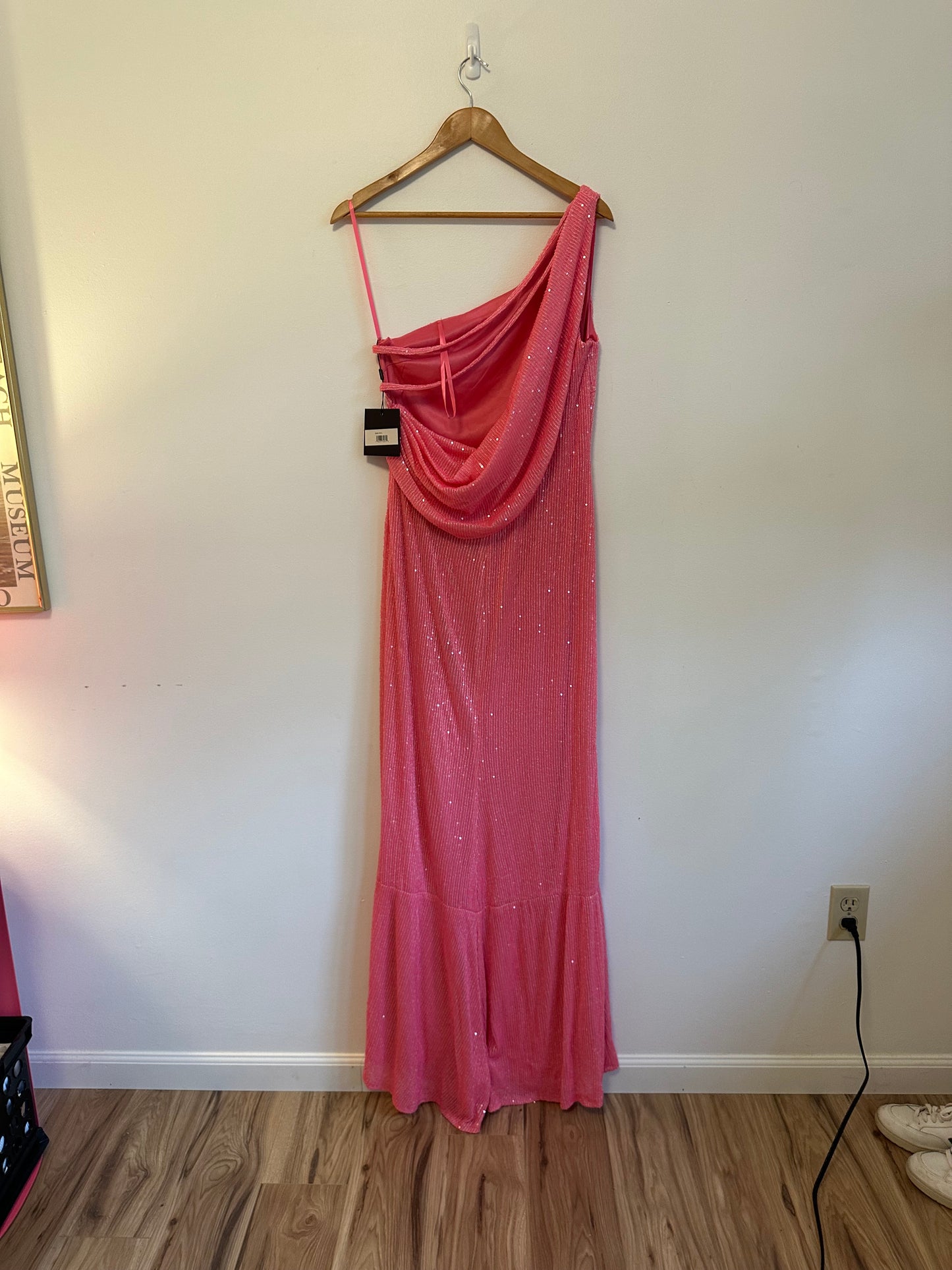 NWT IEENA for Mac Duggal Pink One Shoulder Sequin Gown Slit Cowl Back | Size 8