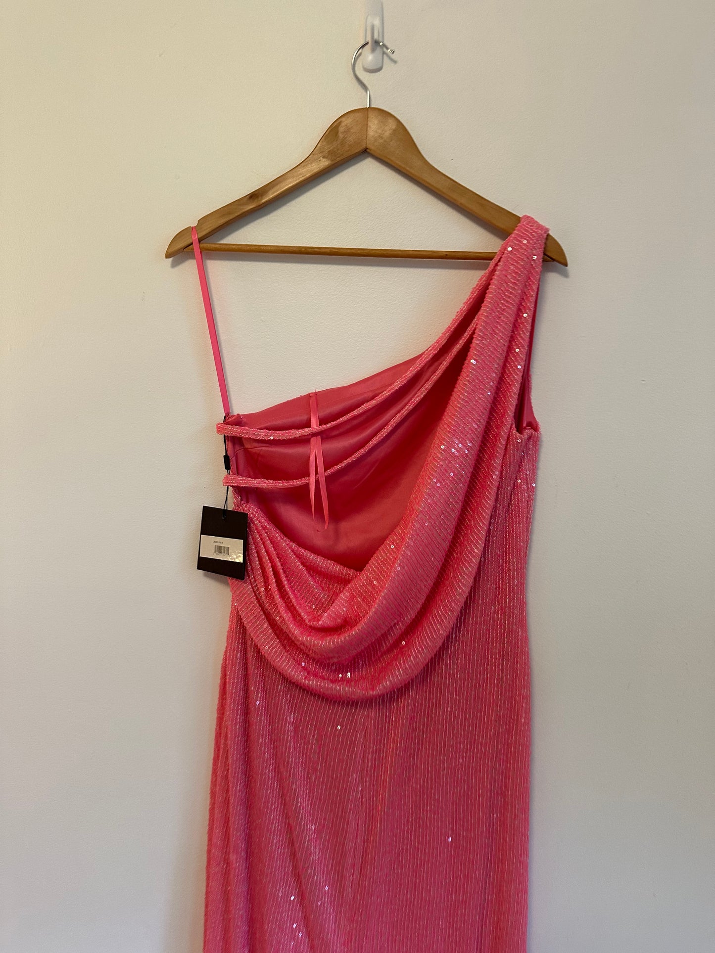 NWT IEENA for Mac Duggal Pink One Shoulder Sequin Gown Slit Cowl Back | Size 8