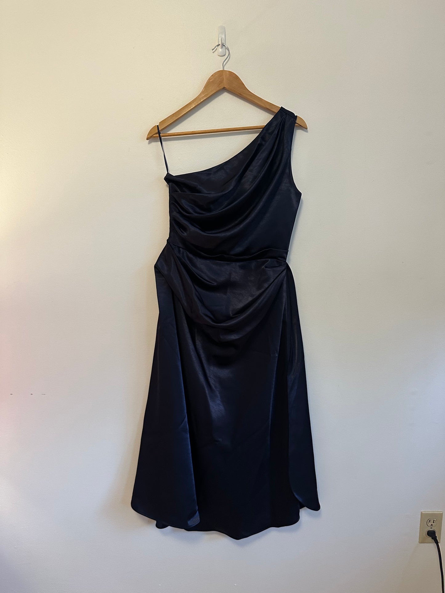 NWT Fehaute Purplish Blue Ruched Satin One Shoulder Sleeveless A-Line Midi Dress