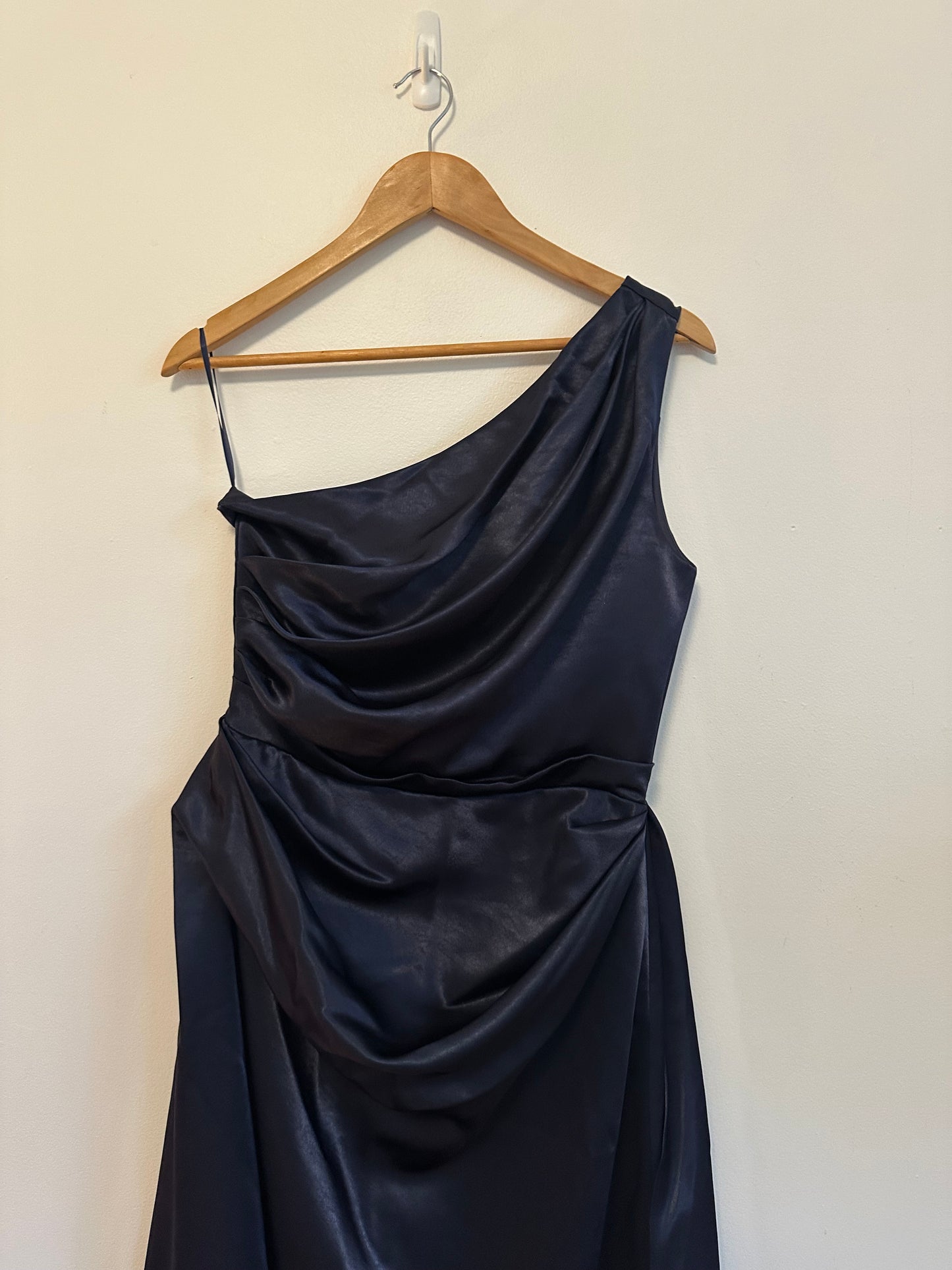 NWT Fehaute Purplish Blue Ruched Satin One Shoulder Sleeveless A-Line Midi Dress