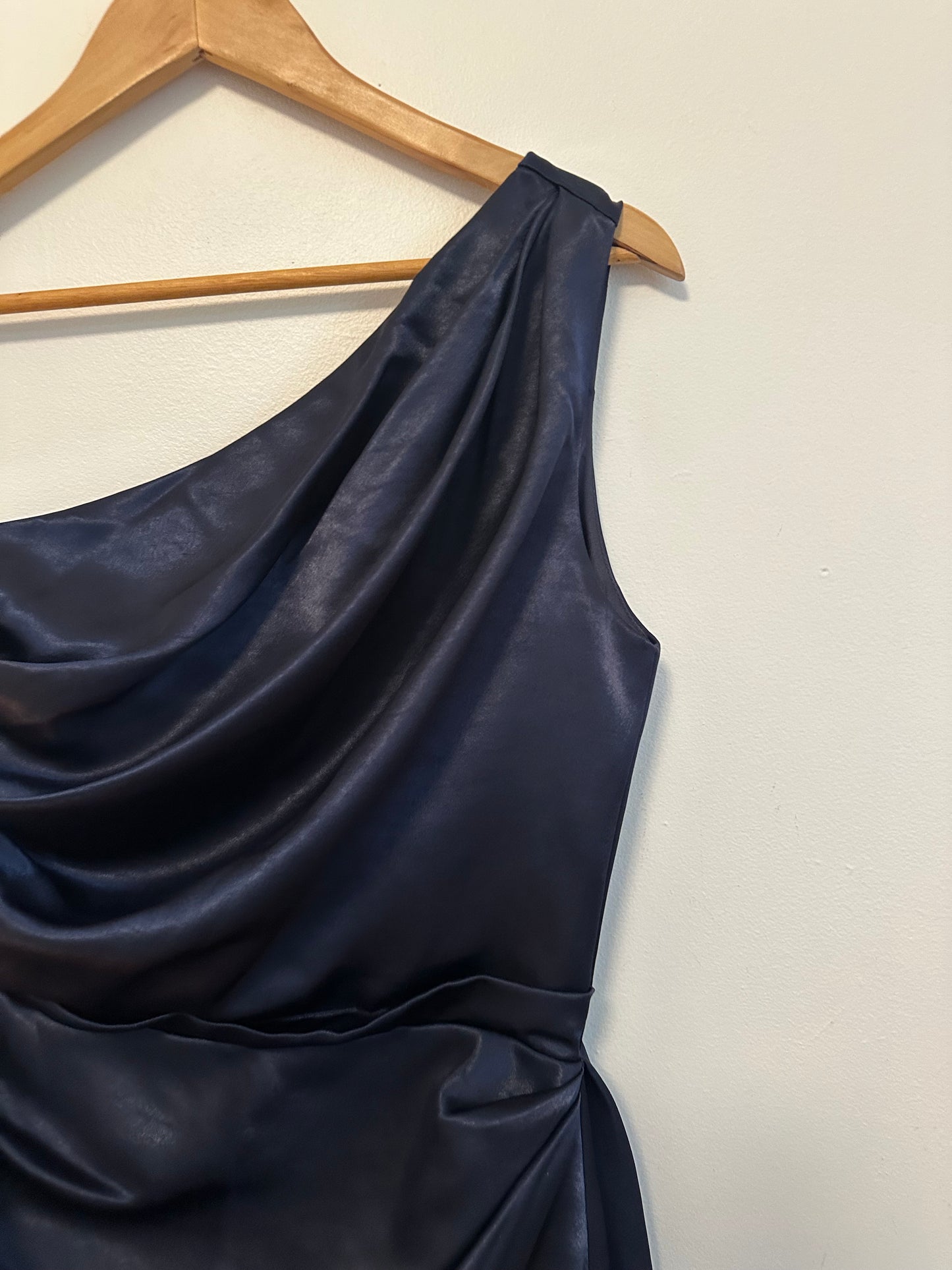NWT Fehaute Purplish Blue Ruched Satin One Shoulder Sleeveless A-Line Midi Dress