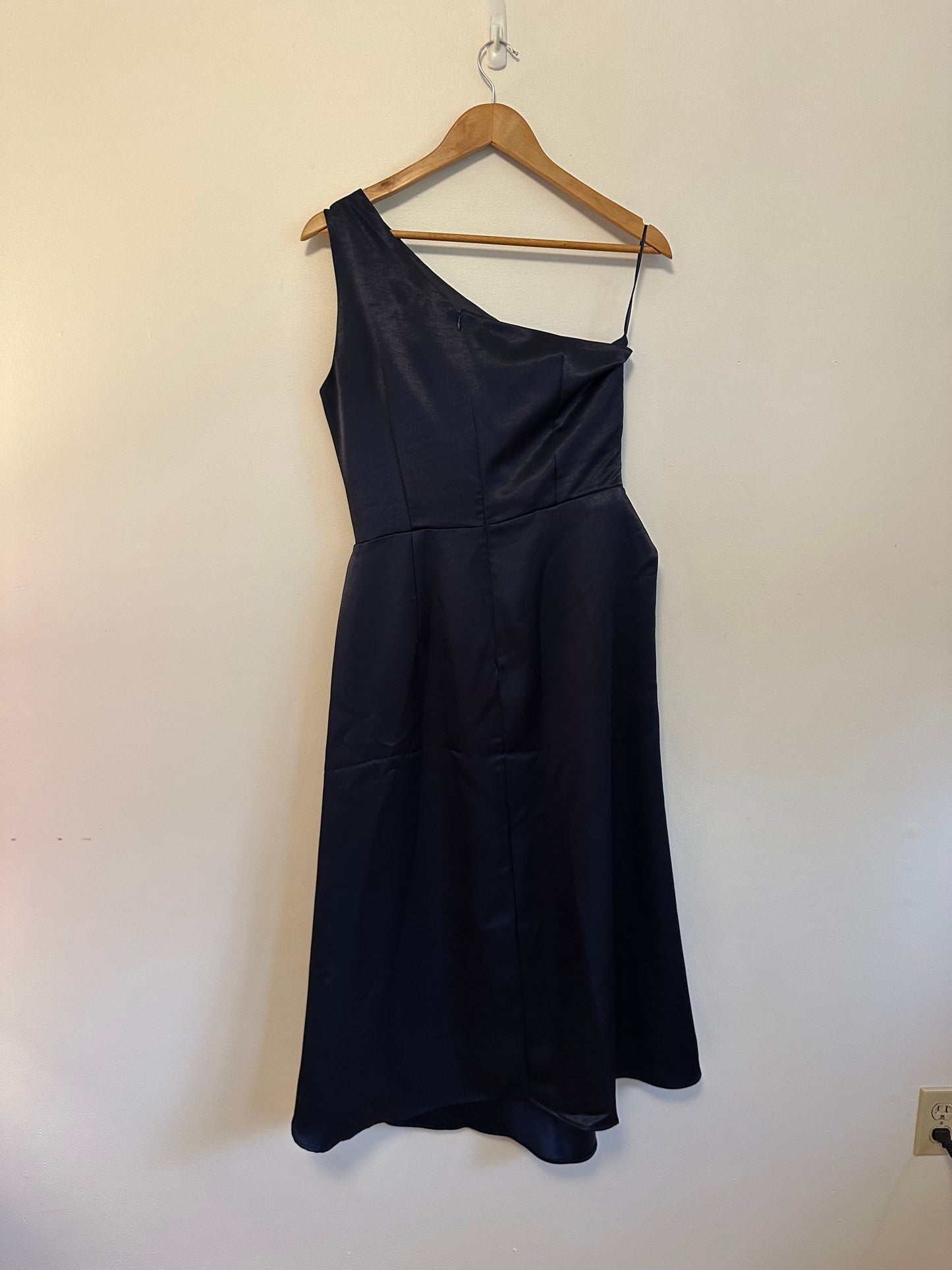 NWT Fehaute Purplish Blue Ruched Satin One Shoulder Sleeveless A-Line Midi Dress