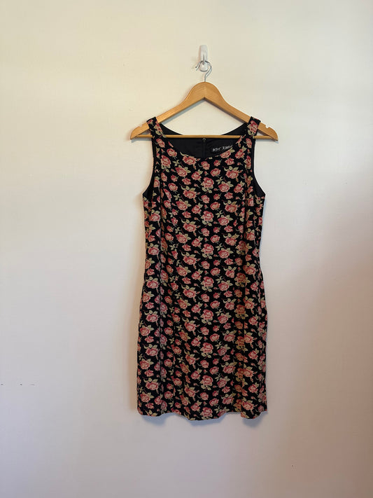 Betsey Johnson Vintage 90s Black Pink Rose Floral Shift Dress | Size 10