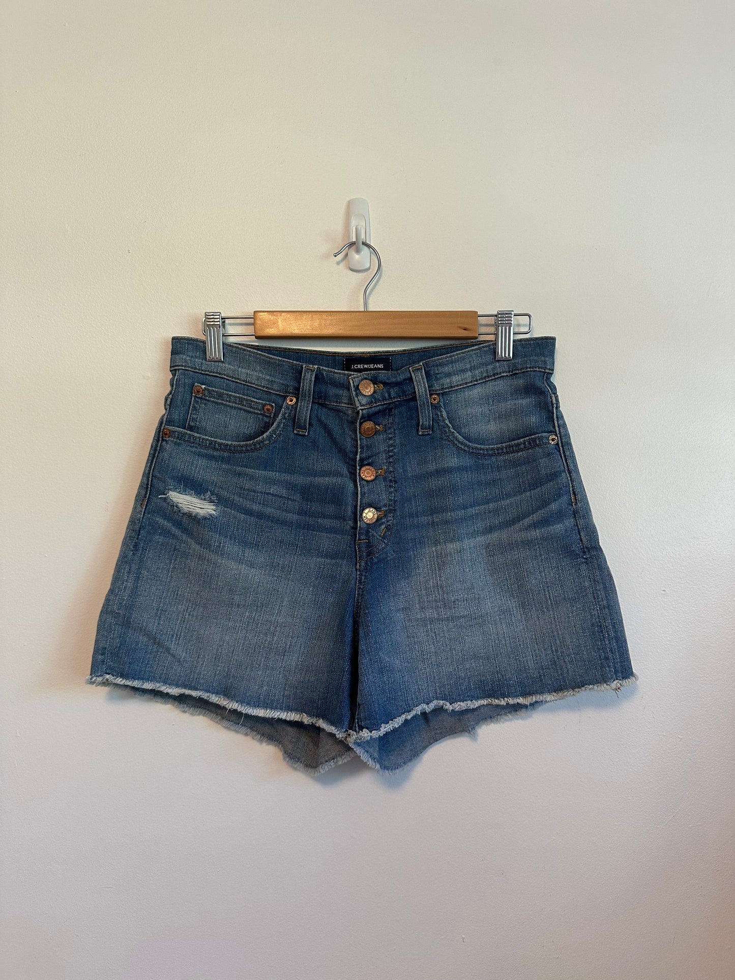 J. Crew High Rise Denim Button Fly Raw Hem Jean Shorts | Size 27