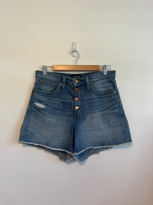 J. Crew High Rise Denim Button Fly Raw Hem Jean Shorts | Size 27